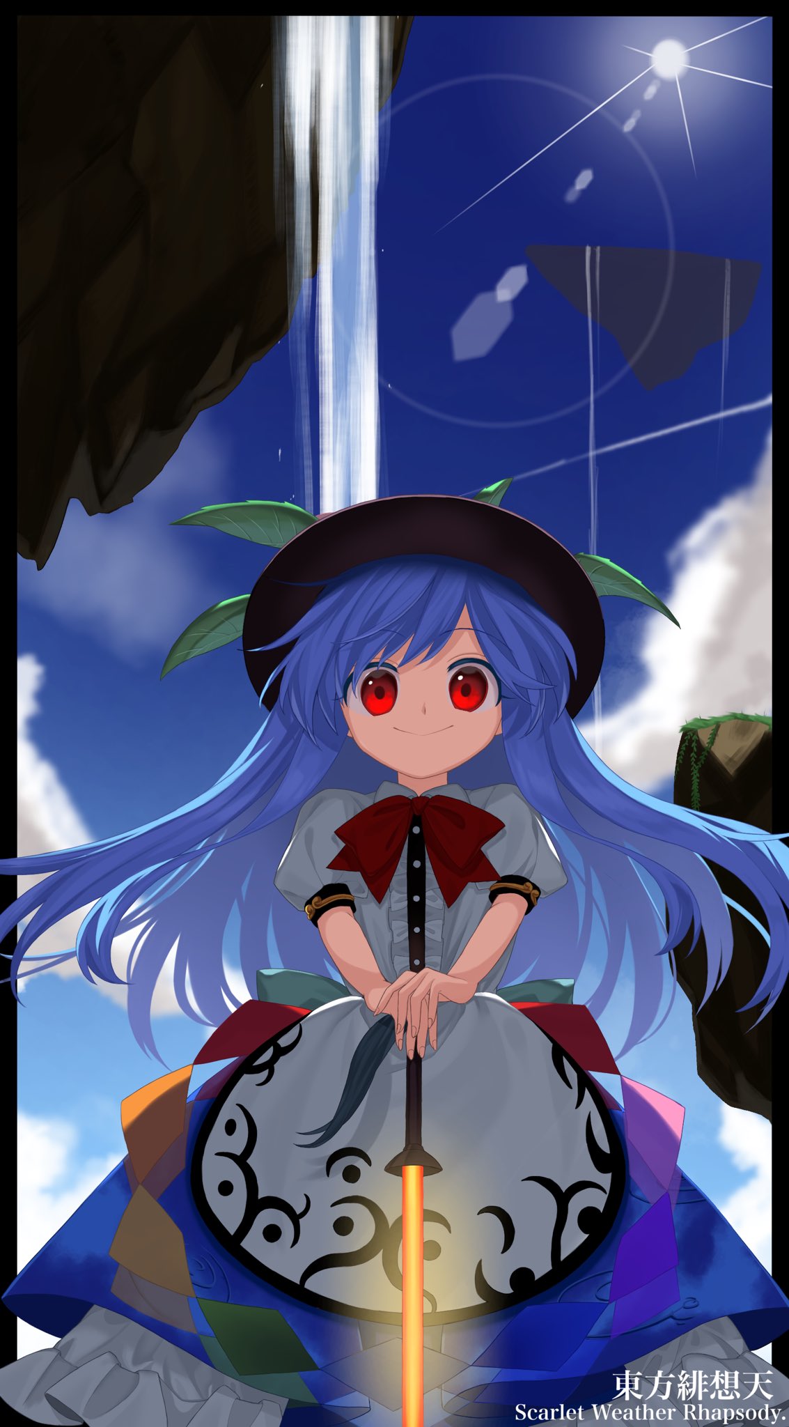 1girl black_headwear blue_hair blue_skirt bow bowtie buttons center_frills closed_mouth collared_shirt day frilled_skirt frills fruit_hat_ornament hat_ornament highres hinanawi_tenshi keiki8296 long_hair outdoors peach_hat_ornament puffy_short_sleeves puffy_sleeves rainbow_order red_bow red_bowtie red_eyes scarlet_weather_rhapsody shirt short_sleeves skirt smile solo sword sword_of_hisou touhou weapon white_shirt