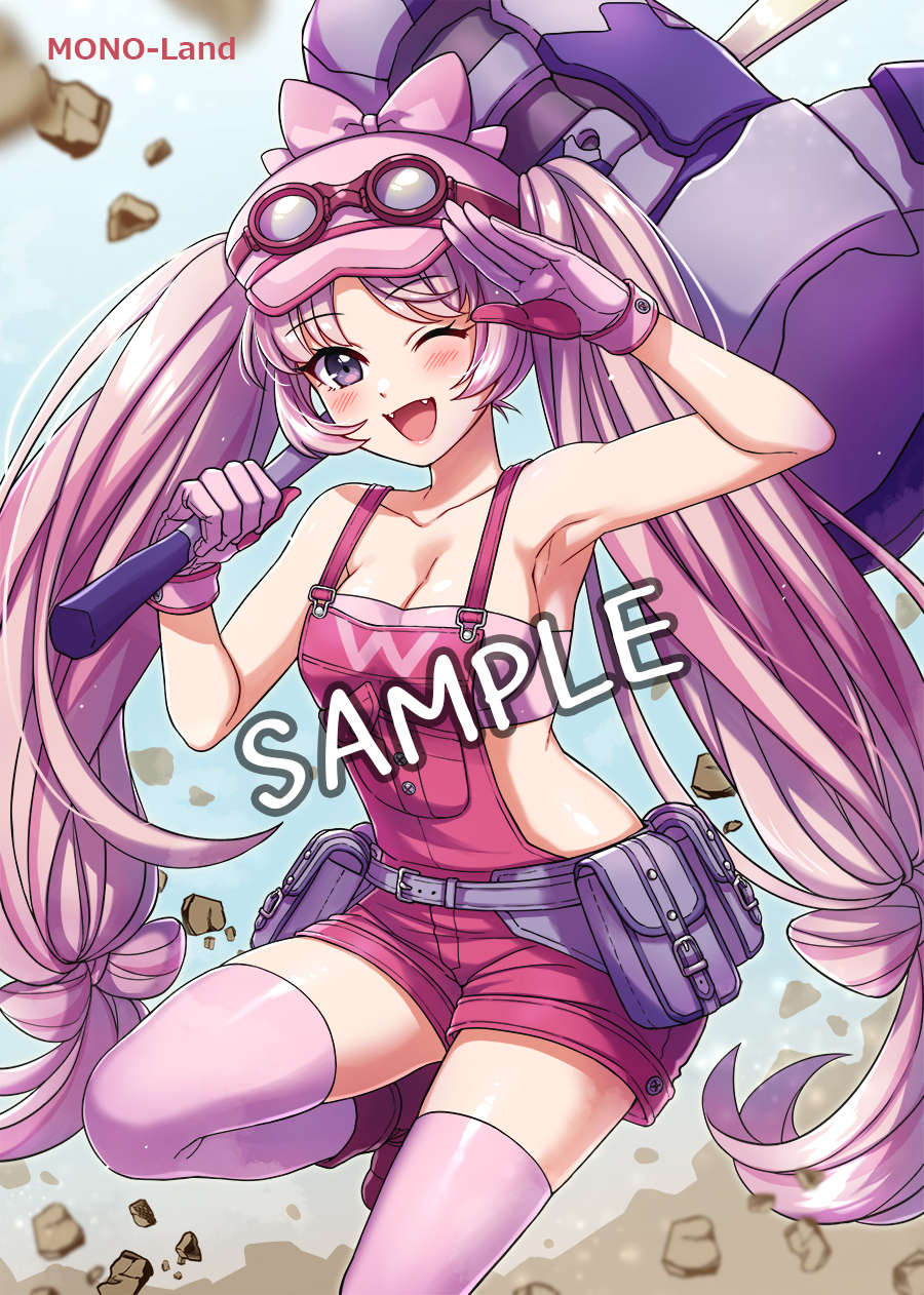 1girl ;d arm_up armpits artist_name bandeau bare_shoulders blurry blurry_foreground blush breasts cabbie_hat cleavage collarbone comiket_102 depth_of_field feet_out_of_frame gloves goggles goggles_on_headwear hammer hat highres holding holding_hammer long_hair looking_at_viewer medium_breasts mono_land one_eye_closed overall_shorts overalls personification pink_bandeau pink_gloves pink_hair pink_headwear pink_thighhighs pokemon purple_eyes salute sample_watermark smile solo standing standing_on_one_leg thighhighs tinkaton twintails very_long_hair