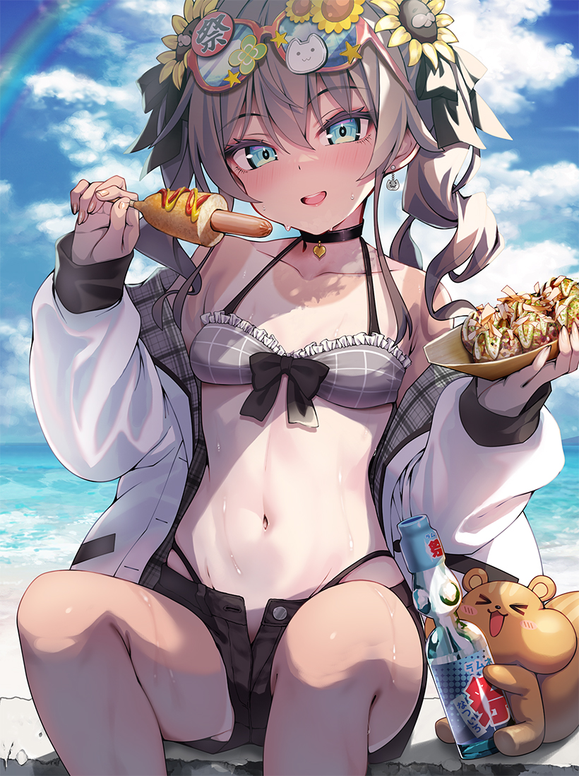 &gt;_&lt; 1girl :d aqua_eyes bare_shoulders beach bikini bikini_under_clothes black_bikini black_bow black_choker black_ribbon black_shorts blue_sky blush blush_stickers bottle bow breasts brown_hair choker cloud cloudy_sky collarbone commentary_request corn corn_dog dangle_earrings day earrings eyewear_on_head flower food frilled_bikini frills grey_bikini hair_between_eyes hair_flower hair_ornament hair_ribbon heart highleg highleg_bikini holding holding_food hololive jacket jewelry ketchup kubota_masaki long_hair long_sleeves looking_at_viewer matsurisu medium_hair micro_shorts natsuiro_matsuri navel ocean off_shoulder one-piece_tan open_clothes open_fly open_jacket open_mouth outdoors plaid plaid_bikini plaid_bikini_top puffy_long_sleeves puffy_sleeves rainbow ramune ribbon sand short_shorts shorts side_ponytail sitting sky small_breasts smile solo squirrel stomach sunflower sunflower_hair_ornament sunglasses sweat swimsuit takoyaki tan tanlines teeth twintails upper_teeth_only virtual_youtuber water wet white_jacket yellow_flower