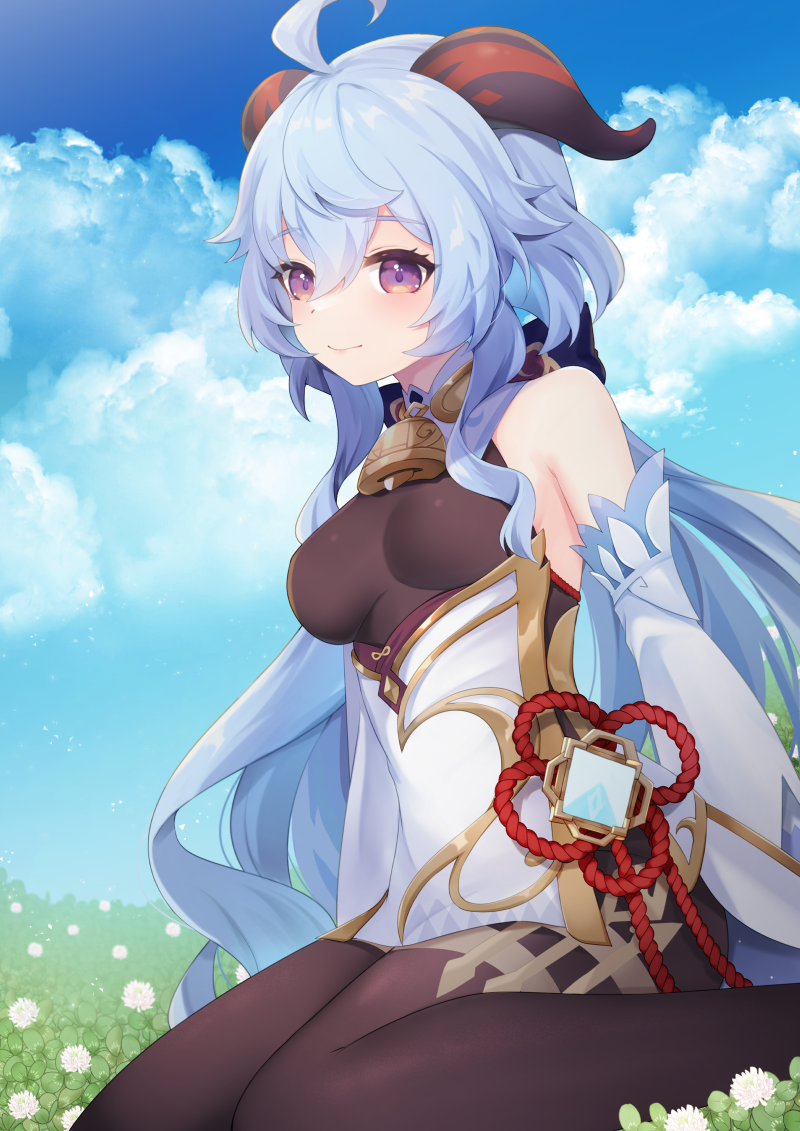 1girl ahoge bare_shoulders bell black_pantyhose blue_hair blue_sky blush bow breasts chinese_knot cloud cloudy_sky commentary detached_sleeves english_commentary field flower flower_field flower_knot ganyu_(genshin_impact) genshin_impact gold_trim horns light_smile long_hair looking_at_viewer low_ponytail medium_breasts neck_bell outdoors pantyhose purple_eyes sen1986 sidelocks sitting sky solo tassel thighlet thighs vision_(genshin_impact) wariza white_flower white_sleeves