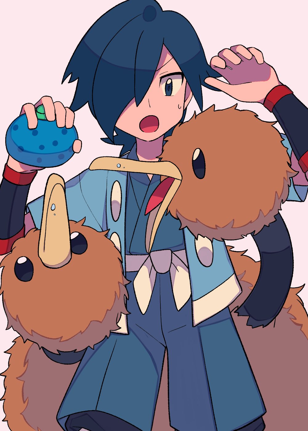 1boy :o berry_(pokemon) black_wristband commentary_request doduo falkner_(pokemon) food fruit hair_over_one_eye hands_up haori highres holding holding_food holding_fruit jacket japanese_clothes kimono looking_down male_focus medium_hair open_clothes open_jacket oran_berry pokemon pokemon_(creature) pokemon_(game) pokemon_hgss sash short_sleeves sweatdrop tyako_089 white_sash