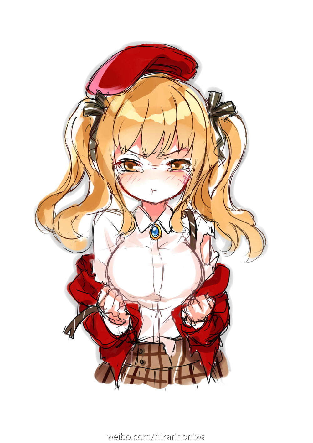 1girl beret black_ribbon blonde_hair blue_brooch blush breasts brown_skirt commentary_request cropped_torso girls'_frontline hair_ribbon hat highres jacket korean_commentary long_hair long_sleeves looking_at_viewer medium_breasts off_shoulder open_clothes open_jacket plaid plaid_skirt pout red_headwear red_jacket ribbon shirt simple_background skirt solo sten_mkii_(girls'_frontline) straight-on suspender_skirt suspenders tears third-party_source torn_clothes torn_jacket torn_shirt twintails upper_body v-shaped_eyebrows web_address weibo_username white_background white_shirt yellow_eyes zhenming