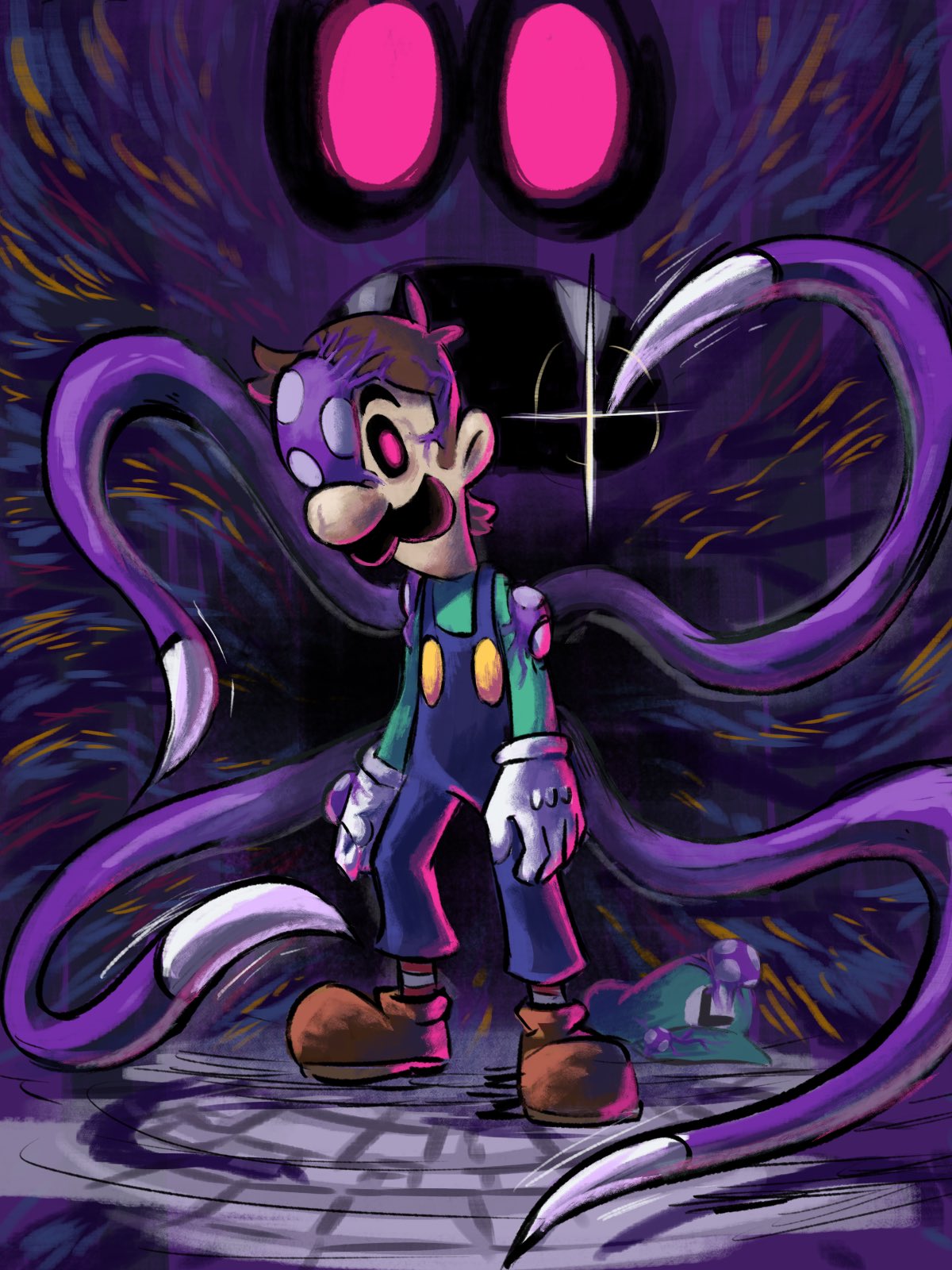 1bitheart 1other black_sclera blue_overalls boots brown_footwear brown_hair colored_sclera facial_hair fangs gloves green_shirt highres looking_at_viewer luigi mari_luijiroh mario_&amp;_luigi:_partners_in_time mario_&amp;_luigi_rpg mario_(series) masanori_sato_(style) mustache one_eye_covered overalls pink_eyes red_socks shirt short_hair shroob socks standing striped striped_socks tentacles two-tone_socks white_gloves white_socks