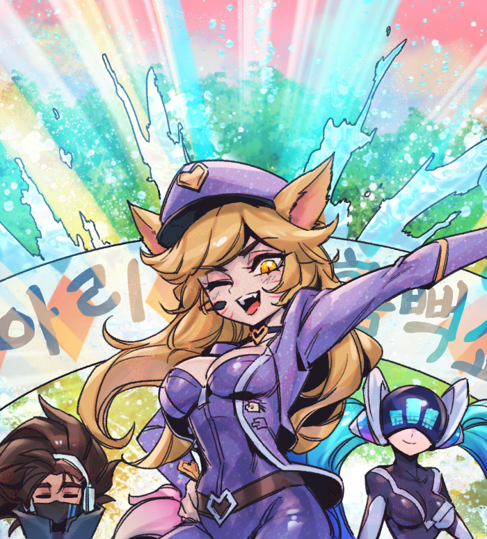 1boy 2girls :d ;d ahri_(league_of_legends) belt black_belt blonde_hair blush breasts brown_hair closed_eyes dj_sona facing_viewer green_hair headphones headset heart heart_print helmet jacket large_breasts league_of_legends looking_at_viewer mask mouth_mask multicolored_background multiple_girls official_alternate_costume one_eye_closed open_clothes open_jacket phantom_ix_row pink_headwear pink_jacket popstar_ahri smile sona_(league_of_legends) teeth tongue translation_request true_damage_yasuo twintails upper_teeth_only yasuo_(league_of_legends)