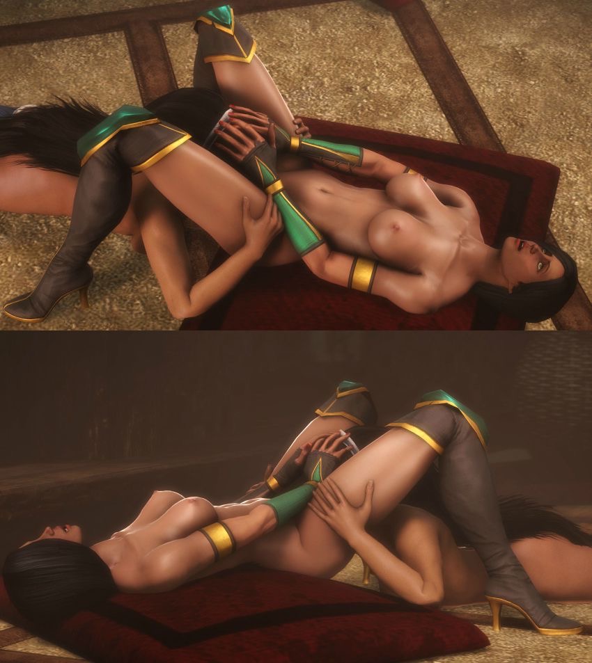2girls 3d black_hair breasts completely_nude cunnilingus english_commentary gloves green_armband green_footwear hands_on_another's_head jade_(mortal_kombat) kitana long_hair medium_breasts moaning mortal_kombat multiple_girls nipples non-web_source nude oral self-upload yuri