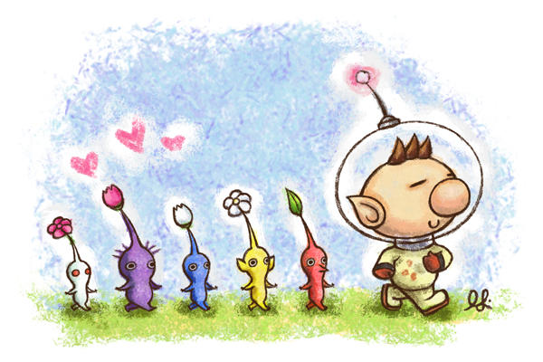 1boy alien big_nose black_eyes blue_pikmin blue_skin blue_sky brown_hair bud buttons clenched_hands closed_mouth colored_skin commentary crayon_(medium) day english_commentary faux_traditional_media flower following gloves grass hand_on_own_chest heart helmet leaf lineup no_mouth olimar open_clothes outdoors outline phatpandax3 pikmin_(creature) pikmin_(series) pink_flower plump pointy_ears pointy_nose purple_hair purple_pikmin purple_skin radio_antenna red_eyes red_gloves red_pikmin red_skin shadow short_hair signature sky smile solid_circle_eyes space_helmet spacesuit traditional_media very_short_hair walking white_flower white_outline white_pikmin white_skin yellow_pikmin yellow_skin