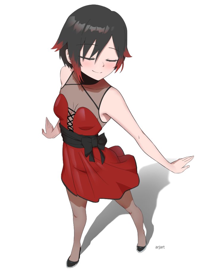 1girl alternate_costume ar_jart artist_name bare_shoulders black_hair black_sash breasts cleavage closed_eyes closed_mouth commentary dress gradient_hair multicolored_hair pantyhose red_dress red_hair ruby_rose rwby sash see-through see-through_cleavage shadow short_hair sleeveless sleeveless_dress small_breasts smile solo symbol-only_commentary white_background