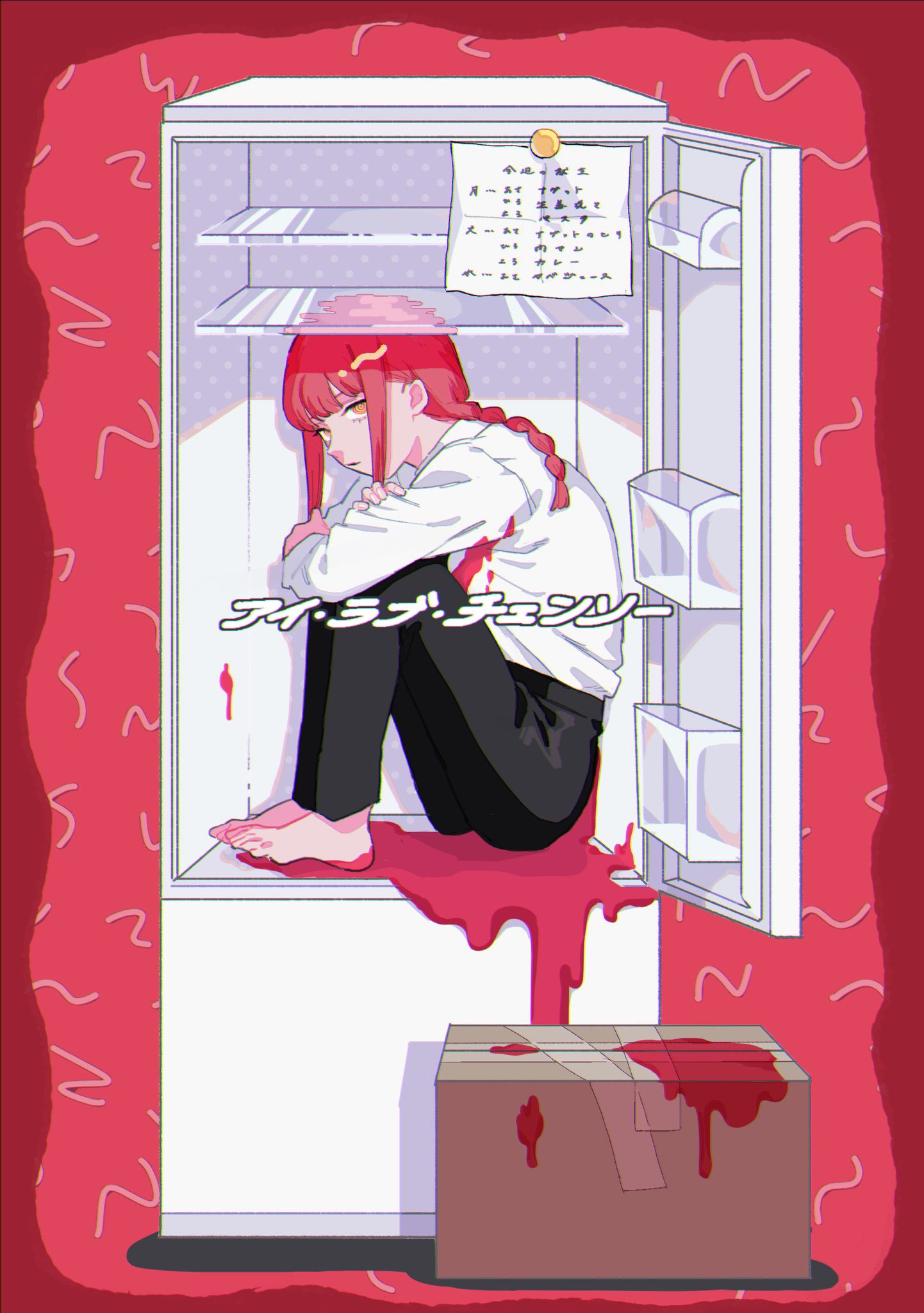 1girl barefoot black_necktie black_pants blood blood_on_clothes box braid braided_ponytail cardboard_box chainsaw_man collared_shirt happa_mochii highres hugging_own_legs in_container in_refrigerator looking_at_viewer makima_(chainsaw_man) medium_hair necktie pants red_hair red_theme refrigerator ringed_eyes shirt shirt_tucked_in sidelocks sideways_glance solo white_shirt yellow_eyes