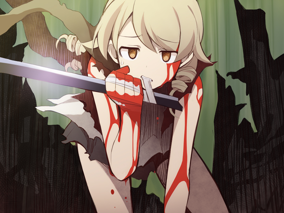 1girl @_@ bandaged_hand bandages bare_arms bare_shoulders black_scarf black_skirt blood blood+ blood_on_hands broken broken_sword broken_weapon brown_eyes brown_hair cosplay holding holding_sword holding_weapon idolmaster idolmaster_cinderella_girls long_hair looking_at_viewer morikubo_nono mouth_hold otonashi_saya otonashi_saya_(cosplay) pleated_skirt revision ringlets scarf shirt skirt sleeveless sleeveless_shirt solo sweat sword torn_clothes torn_shirt torn_skirt uccow v-shaped_eyebrows weapon white_shirt