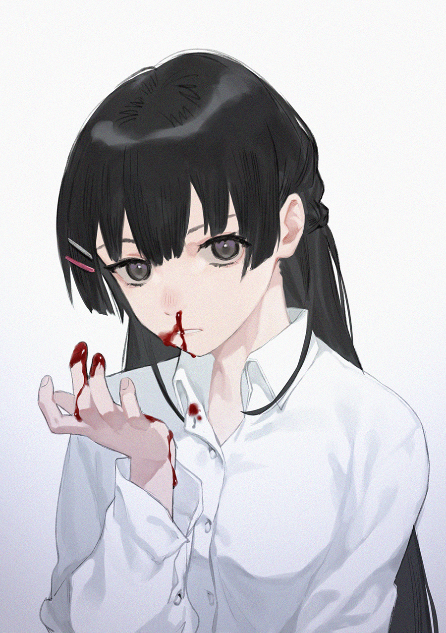 1girl alternate_costume black_eyes black_hair blood blood_on_clothes blood_on_hands collared_shirt commentary_request dress_shirt hair_ornament hairclip half_updo hand_up highres long_hair long_sleeves looking_at_viewer nijisanji nosebleed parted_lips shirt simple_background smeared_blood solo soramame_(corndog) tsukino_mito upper_body virtual_youtuber white_background white_shirt