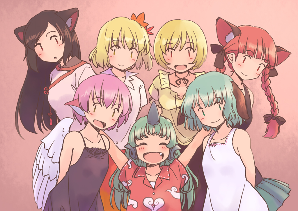 6+girls aki_minoriko aki_shizuha animal_ears arms_up bird_ears bird_wings black_dress blonde_hair blush braid breasts brown_eyes brown_hair cat_ears closed_mouth cloud_print collared_shirt dog_ears dress extra_ears fang feathered_wings flat_chest frilled_sleeves frills green_eyes green_hair hair_ornament horns imaizumi_kagerou kaenbyou_rin kariyushi_shirt kasodani_kyouko komano_aunn leaf_hair_ornament long_hair looking_at_viewer medium_breasts multiple_girls mystia_lorelei open_mouth pink_hair rangycrow red_eyes red_hair red_shirt red_skirt shirt short_hair short_sleeves siblings single_horn sisters skirt sleeveless sleeveless_dress small_breasts smile touhou twin_braids white_dress white_shirt white_wings wings wolf_ears yellow_eyes yellow_shirt