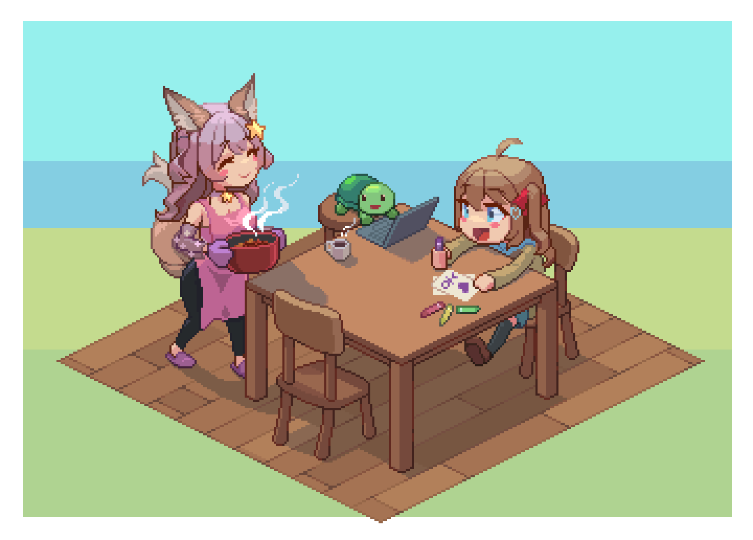 2girls :d ^_^ ahoge animal animal_ears annytf apron black_leggings blue_eyes blush border bowl cardigan chair choker closed_eyes coffee_mug computer crayon cup drawing family food fox_ears fox_girl fox_tail gloves hair_ornament hair_ribbon holding holding_bowl holding_crayon indie_virtual_youtuber laptop leggings light_brown_hair light_purple_hair live2d_inc. long_hair mmeizterr momose_hiyori mug multiple_girls neuro-sama oven_mitts pink_apron pixel_art purple_gloves red_ribbon ribbon school_uniform serafuku sitting smile star_(symbol) star_hair_ornament table tail turtle two_side_up vedal987 virtual_youtuber white_border yellow_cardigan