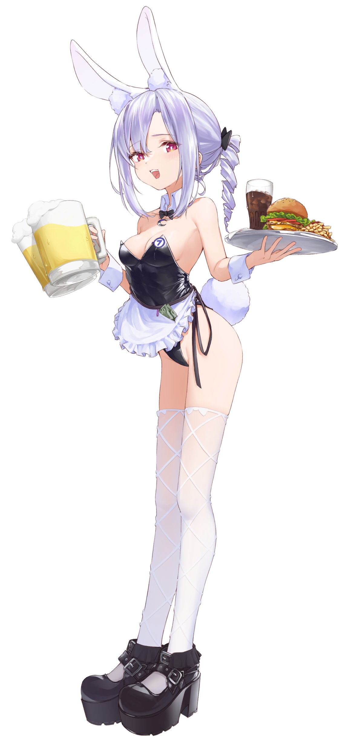 1girl absurdres alcohol animal_ears apron bare_shoulders beer beer_mug black_bow black_bowtie black_footwear black_leotard blue_hair bow bowtie breasts bright_pupils burger character_request cleavage commentary_request copyright_request cup detached_collar drill_hair drinking_glass fast_food food french_fries frilled_apron frills full_body hair_bow highres holding holding_cup holding_tray leotard long_legs looking_at_viewer medium_breasts money mug open_mouth platform_footwear rabbit_ears rabbit_girl rabbit_tail red_eyes shiunnkaku short_hair sidelocks simple_background smile soda solo standing strapless strapless_leotard tail teeth thighhighs tray upper_teeth_only waist_apron white_apron white_background white_pupils white_thighhighs white_wrist_cuffs wrist_cuffs