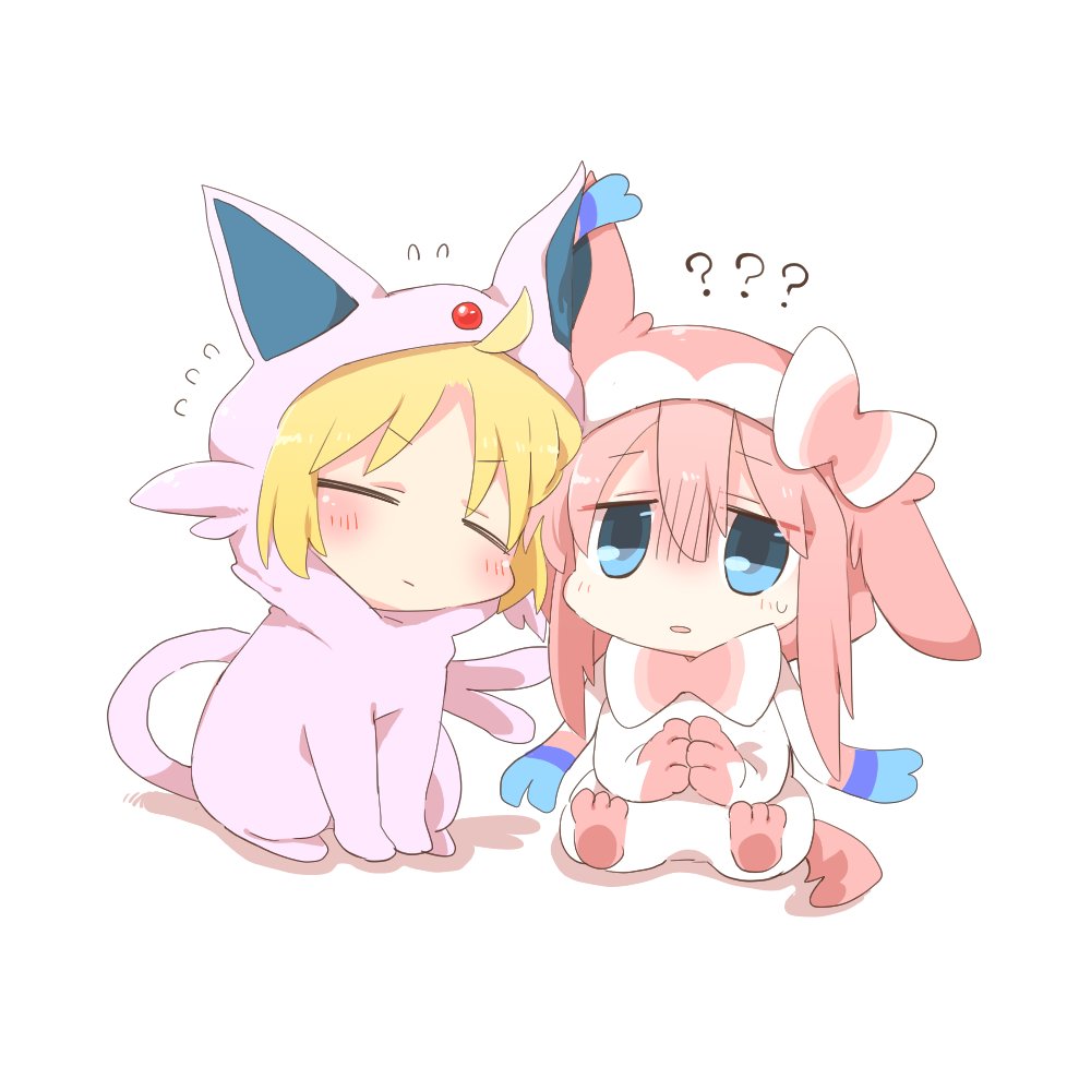 2girls ? ?? ahoge blonde_hair blue_eyes bocchi_the_rock! chibi closed_eyes closed_mouth cosplay espeon espeon_(cosplay) full_body gotou_hitori hair_between_eyes ijichi_seika long_hair multiple_girls pink_hair pokemon rebecca_(keinelove) sylveon sylveon_(cosplay) white_background