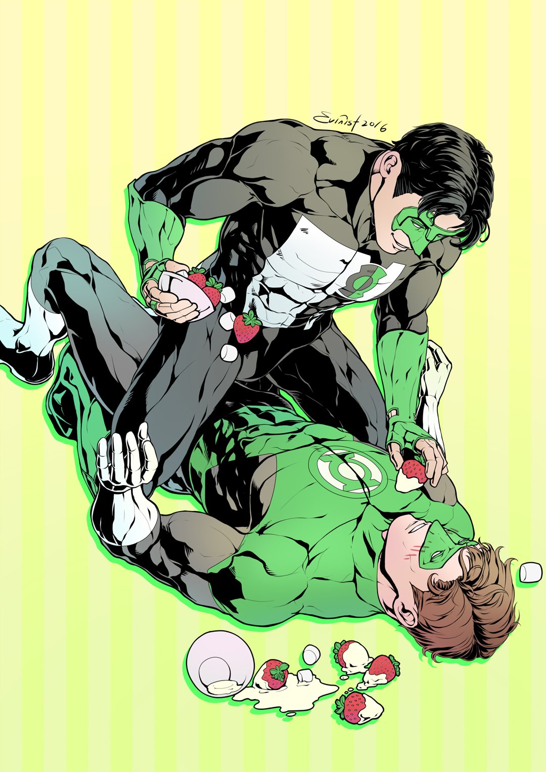 2boys artist_name bara black_bodysuit black_hair blush bodysuit boots bowl brown_hair chocolate covered_abs cream dc_comics domino_mask evinist fingerless_gloves food fruit gloves green_bodysuit green_gloves green_lantern green_lantern_(series) hal_jordan highres holding holding_bowl jewelry kyle_rayner large_pectorals lying male_focus marshmallow mask multiple_boys muscular muscular_male on_back pectorals ring short_hair sitting sitting_on_person strawberry thick_thighs thighs two-tone_bodysuit white_bodysuit white_chocolate white_gloves yaoi