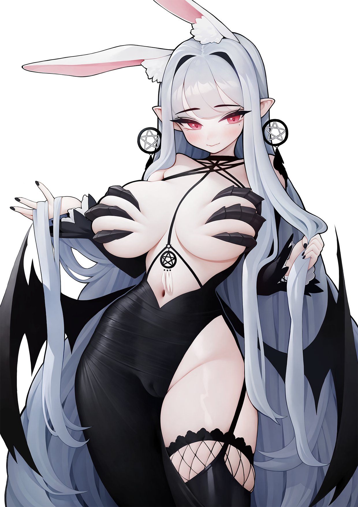 1girl animal_ears black_dress black_nails black_wings blush breasts bunching_hair cameltoe claw_bra closed_mouth deep_skin detached_sleeves dream_catcher dress earrings fishnets grey_hair hair_between_eyes hands_in_hair highres huge_breasts jewelry long_hair looking_at_viewer mole mole_under_eye nail_polish navel no_panties original pointy_ears rabbit_(wlsdnjs950) rabbit_ears red_eyes simple_background skindentation solo very_long_hair white_background wings