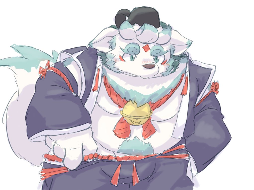 2023 agyou anthro asian_mythology belly big_belly bulge clothing east_asian_mythology foo_dog hat headgear headwear japanese_mythology kemono komainu lifewonders male mammal moobs mythology overweight overweight_male simple_background solo tokyo_afterschool_summoners undressing white_background yokai young yukino_kouta