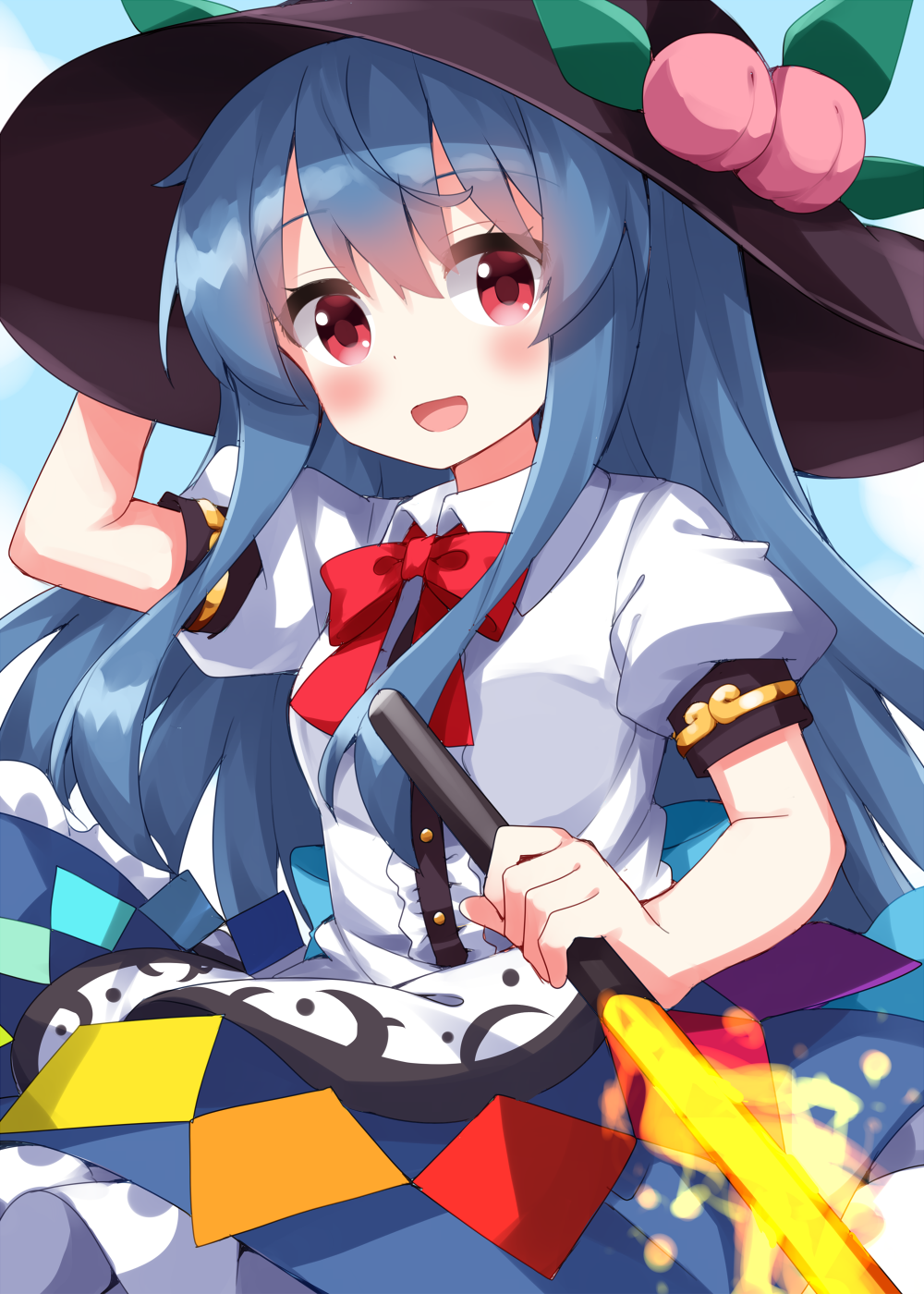 1girl black_headwear blue_hair blue_skirt blush buttons center_frills collared_shirt frills fruit_hat_ornament hair_between_eyes hat_ornament highres hinanawi_tenshi holding holding_sword holding_weapon long_hair looking_at_viewer open_mouth peach_hat_ornament puffy_short_sleeves puffy_sleeves red_eyes ruu_(tksymkw) shirt short_sleeves skirt smile solo sword sword_of_hisou touhou weapon white_shirt