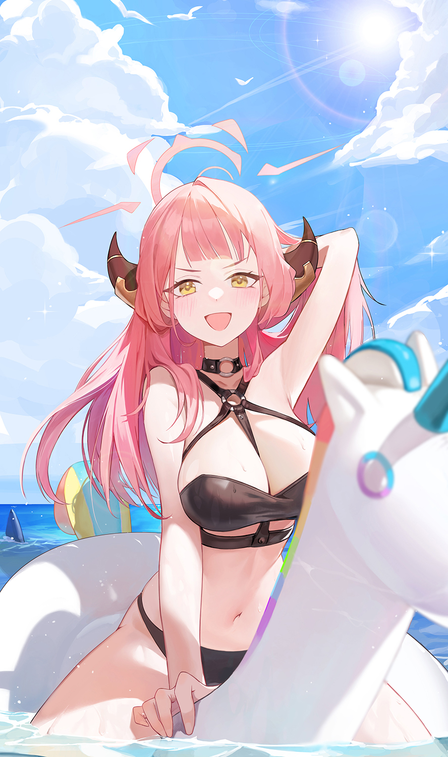 1girl :d arm_up aru_(blue_archive) bikini black_bikini black_choker blue_archive blue_sky breasts choker cloud day halo highres horns inflatable_raft large_breasts navel o-ring o-ring_bikini o-ring_choker ocean open_mouth outdoors riding shark shark_fin sky smile solo sugarhigh swimsuit v-shaped_eyebrows water