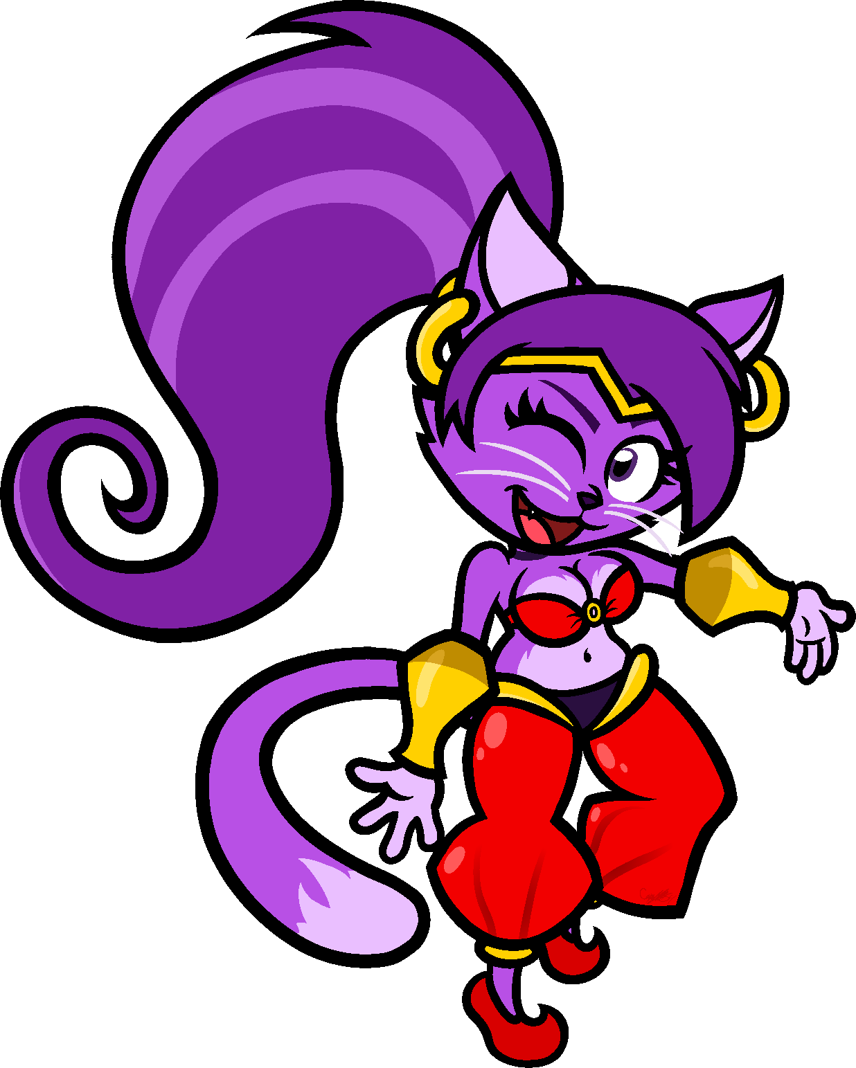 2023 alternate_species anthro breasts captainquack64 cleavage clothed clothing dipstick_tail ear_piercing ear_ring felid feline female footwear fur furrification hair hi_res long_hair mammal markings one_eye_closed open_mouth open_smile piercing ponytail purple_body purple_fur purple_hair ring_piercing shantae shantae_(series) smile solo tail tail_markings toony wayforward whiskers wink