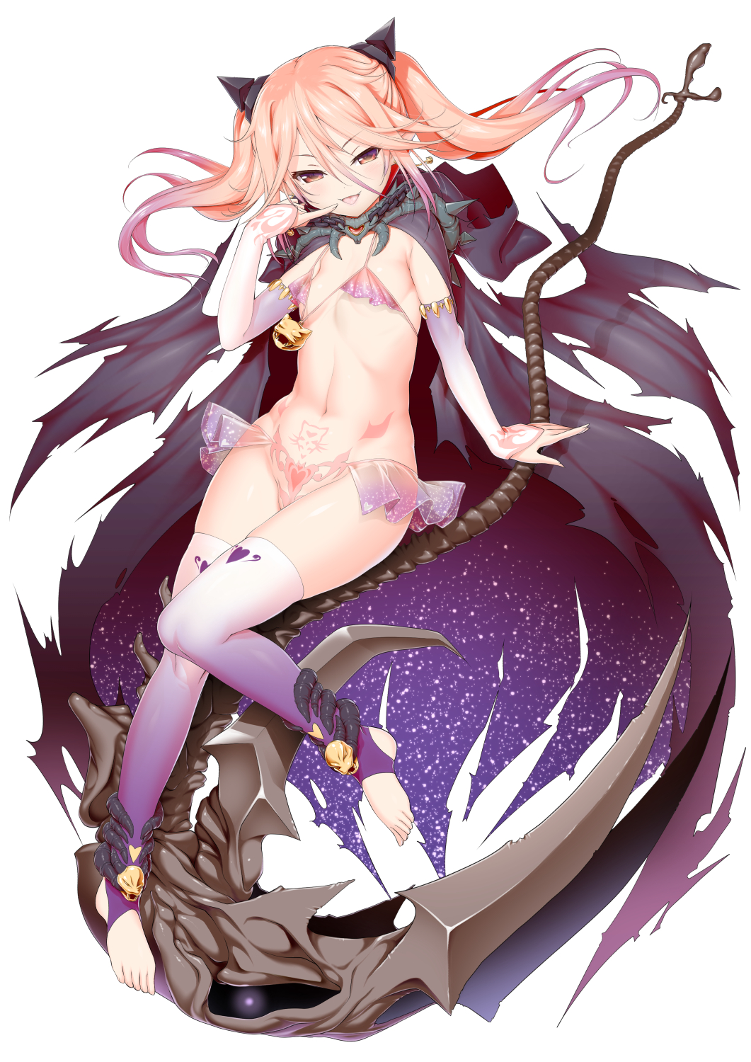 1girl akazawa_red bikini bikini_warriors black_cape cape commentary_request detached_sleeves finger_to_mouth flat_chest full_body hair_between_eyes headgear highres long_hair micro_bikini necromancer_(bikini_warriors) pink_eyes pink_hair pinky_to_mouth pubic_tattoo scythe skindentation smile solo stirrup_legwear swimsuit tattoo thighhighs toeless_legwear tongue tongue_out torn_cape torn_clothes twintails
