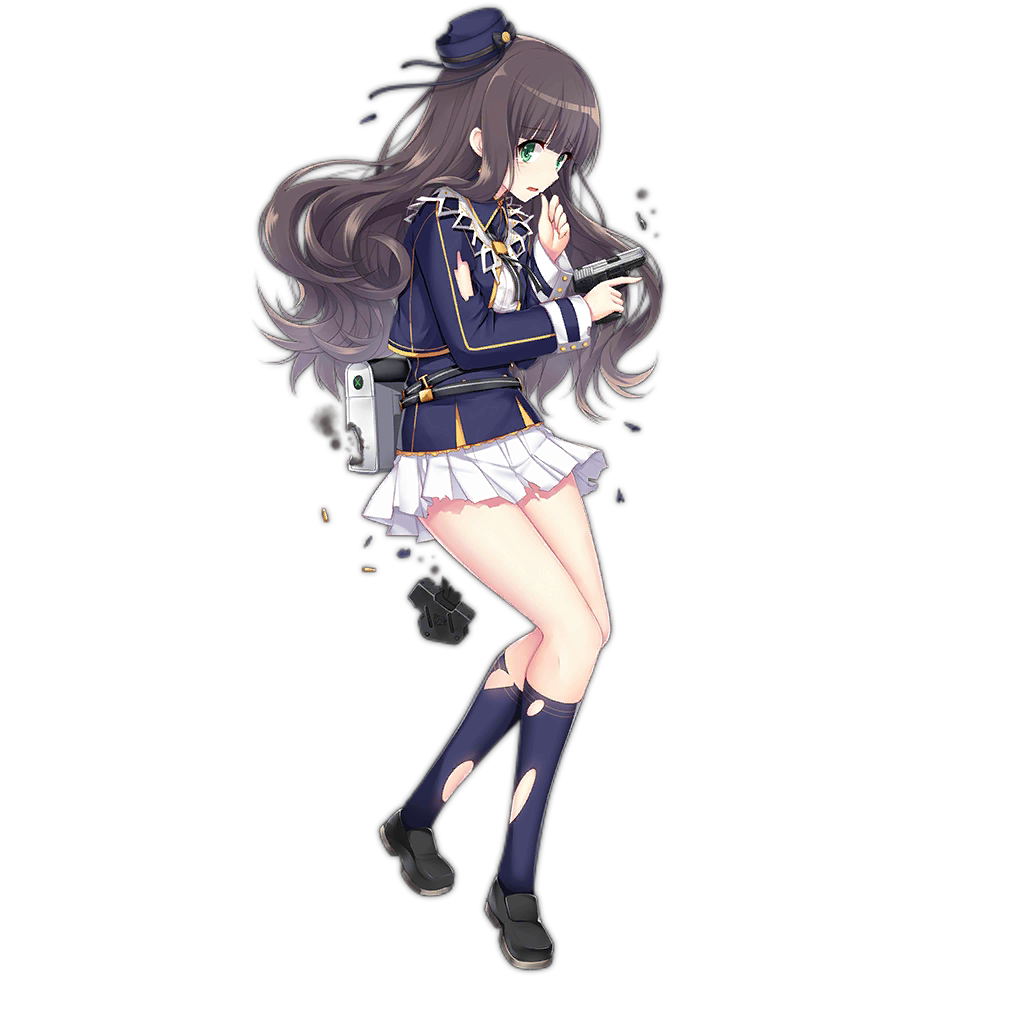 1girl bangs black_footwear black_necktie blue_shirt blue_socks blunt_bangs brown_hair full_body girls'_frontline green_eyes h&amp;k_usp_compact hair_ornament haluka_(aixioo) hat loafers long_hair looking_at_viewer looking_to_the_side necktie official_art open_mouth pouch scorch_mark shell_casing shirt shoes simple_background skirt socks solo standing torn_clothes torn_headband torn_shirt torn_skirt torn_sleeve torn_socks transparent_background usp_compact_(girls'_frontline) wavy_hair white_skirt
