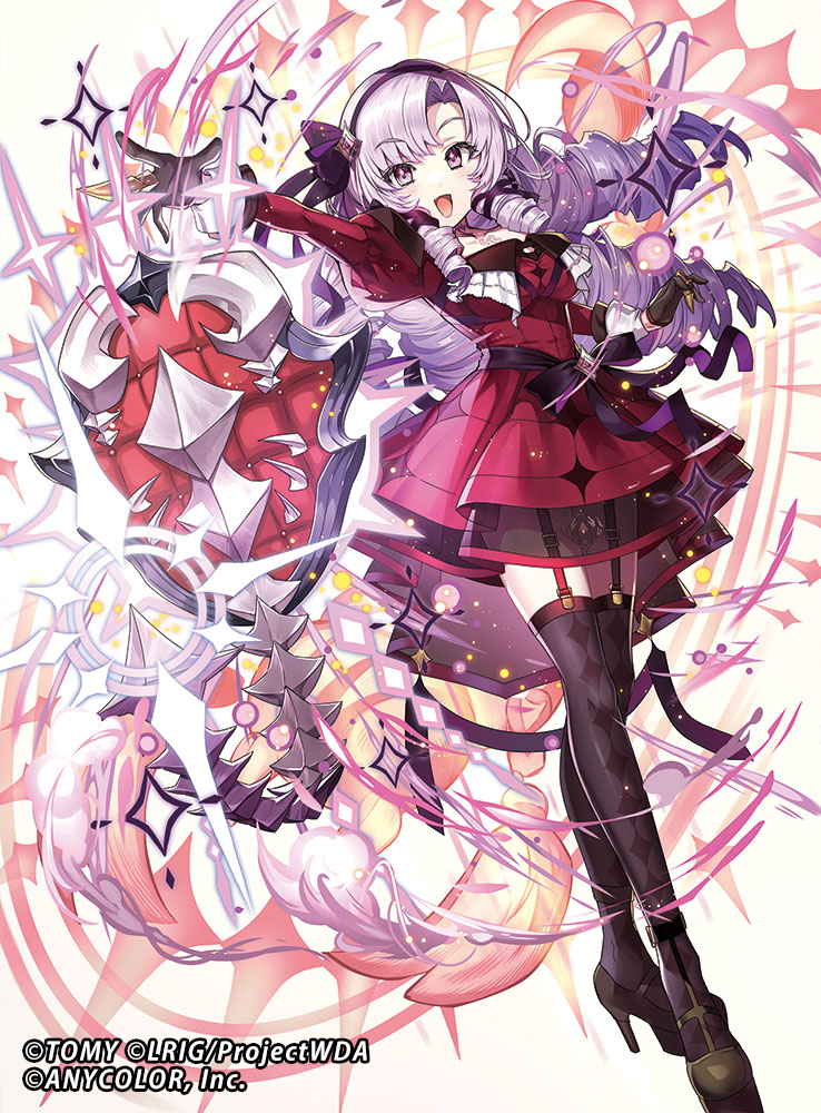 1girl black_footwear black_gloves black_thighhighs breasts chachie claw_ring dress drill_hair garter_straps gloves hairband high_heels hyakumantenbara_salome long_hair looking_at_viewer medium_breasts nijisanji official_art open_mouth purple_eyes purple_hair red_dress ribbon see-through sidelocks solo sparkle standing thighhighs virtual_youtuber wixoss