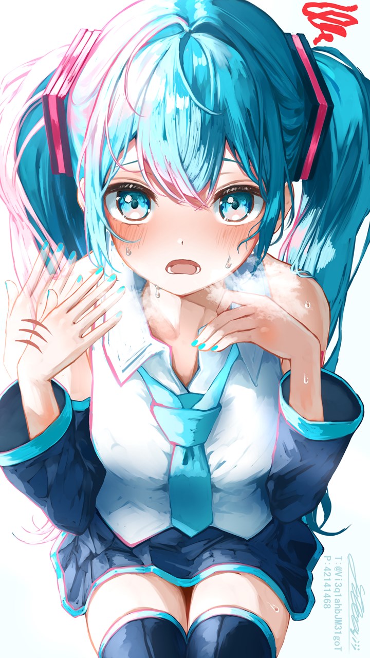 bare_shoulders black_skirt black_sleeves black_thighhighs blue_eyes blue_hair blue_nails blush collared_shirt cowboy_shot crossed_bangs detached_sleeves fanning_face hair_between_eyes hair_ornament hatsune_miku highres legs_together long_hair long_sleeves looking_at_viewer miniskirt nail_polish open_mouth pleated_skirt shirt shirubaa sidelighting sidelocks signature simple_background skirt sleeveless sleeveless_shirt squiggle straight-on sweat thighhighs twintails vocaloid watermark white_background white_shirt zettai_ryouiki