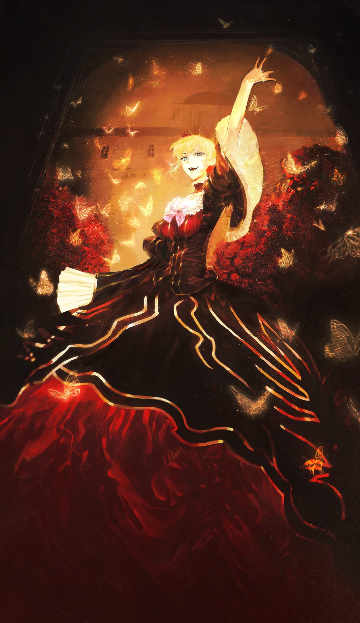 1girl :d arm_up beatrice_(umineko) bell_sleeves black_background black_choker black_dress blonde_hair blue_eyes bow bug building butterfly choker dress dress_bow flower forzen frilled_choker frills full_body gown hair_between_eyes hair_bun hair_flower hair_ornament highres long_sleeves looking_at_viewer painting_(object) picture_frame pink_bow red_dress red_flower red_rose rose single_hair_bun smile solo standing teeth two-tone_dress umineko_no_naku_koro_ni upper_teeth_only yellow_butterfly