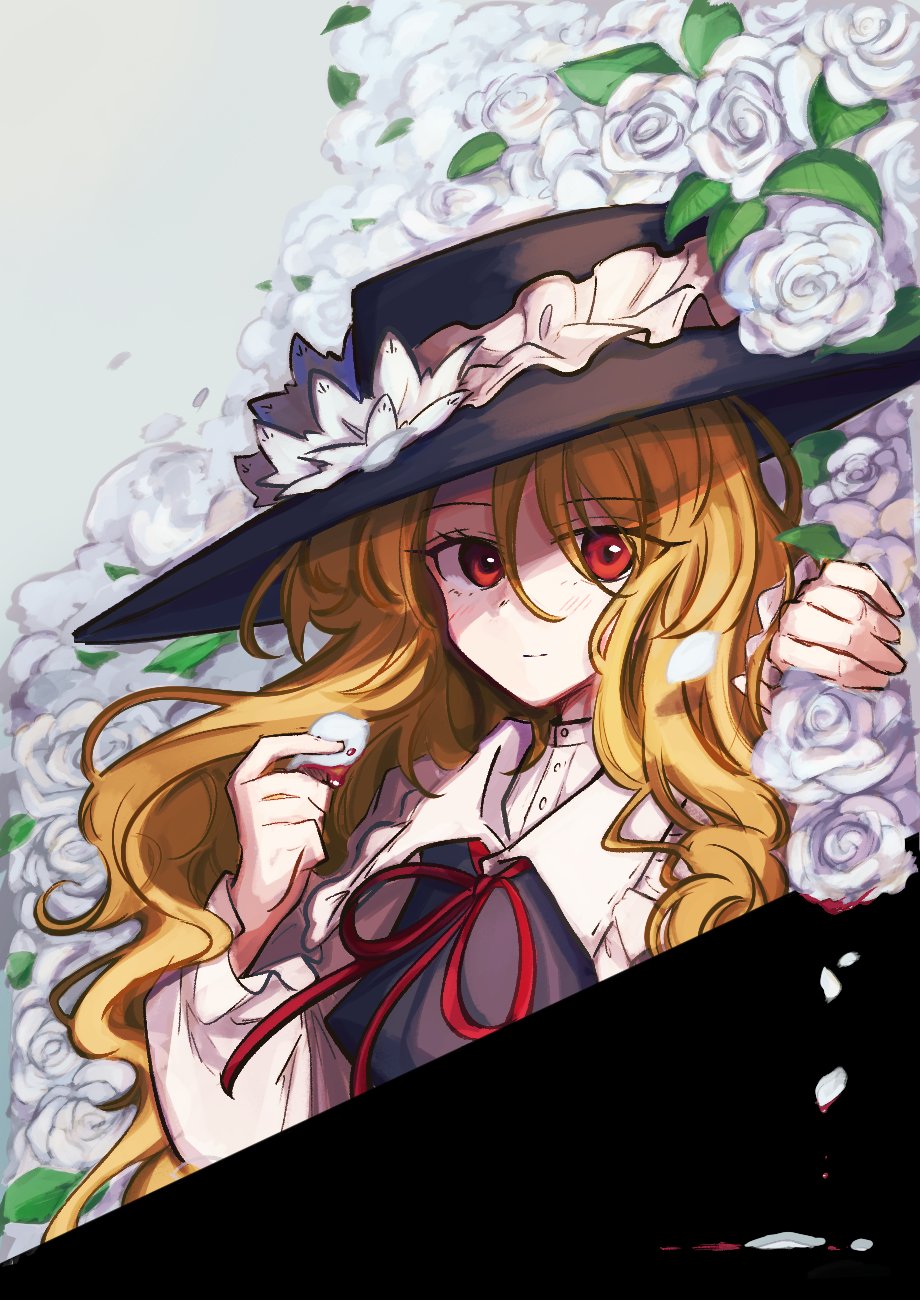 blonde_hair breasts brown_headwear brown_vest collared_shirt flower frilled_hat frilled_shirt_collar frilled_sleeves frills hat hat_flower highres jacket_girl_(dipp) leaf long_hair long_sleeves looking_at_viewer puffy_sleeves red_eyes red_ribbon ribbon rose shirt small_breasts touhou upper_body uzumibi very_long_hair vest wavy_hair white_flower white_rose white_shirt
