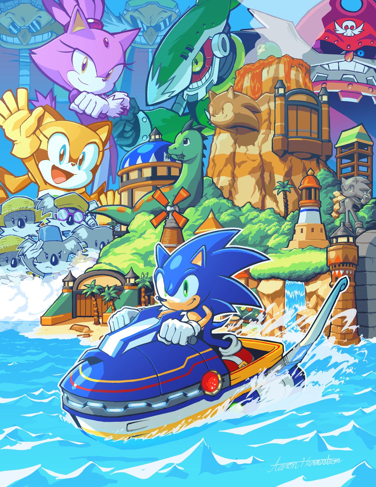 blaze_the_cat blue_eyes blue_fur captain_whisker crossed_arms dinosaur dr._eggman eggman_nega eyelashes forehead_jewel gardon_(sonic) glasses green_eyes hat highres island jet_ski johnny_(sonic) low_twintails marine_the_raccoon ocean purple_fur robot sonic_(series) sonic_rush_adventure sonic_the_hedgehog statue straw_hat twintails virtanderson volcano waving_arm windmill yellow_eyes