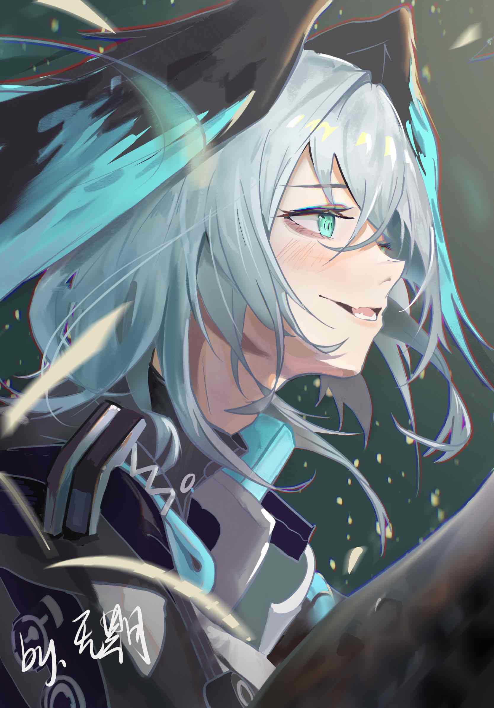 1girl arknights bags_under_eyes black_feathers black_wings blue_eyes blue_feathers blush chinese_commentary commentary_request feathers green_background grey_hair head_wings highres ho'olheyak_(arknights) long_hair open_mouth solo tail two-tone_wings wings wuqixiaokenai