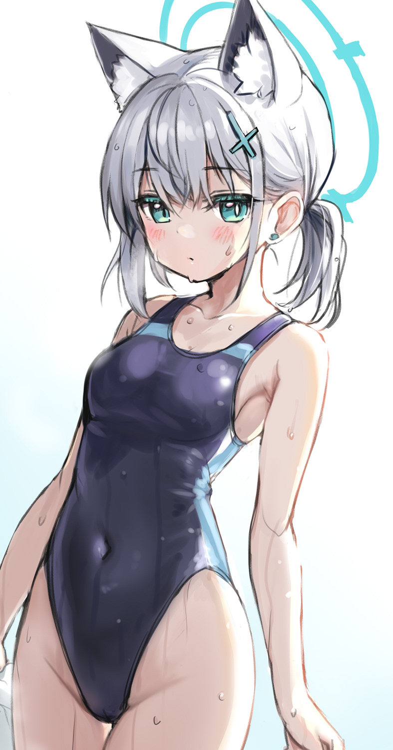 1girl animal_ear_fluff animal_ears black_one-piece_swimsuit blue_archive blue_eyes breasts competition_swimsuit covered_navel cowboy_shot cross_hair_ornament extra_ears grey_hair hair_ornament halo highleg highleg_swimsuit highres looking_at_viewer low_ponytail medium_breasts medium_hair minamura_haruki mismatched_pupils multicolored_clothes multicolored_swimsuit official_alternate_costume one-piece_swimsuit shiroko_(blue_archive) shiroko_(swimsuit)_(blue_archive) simple_background solo swimsuit white_background wolf_ears