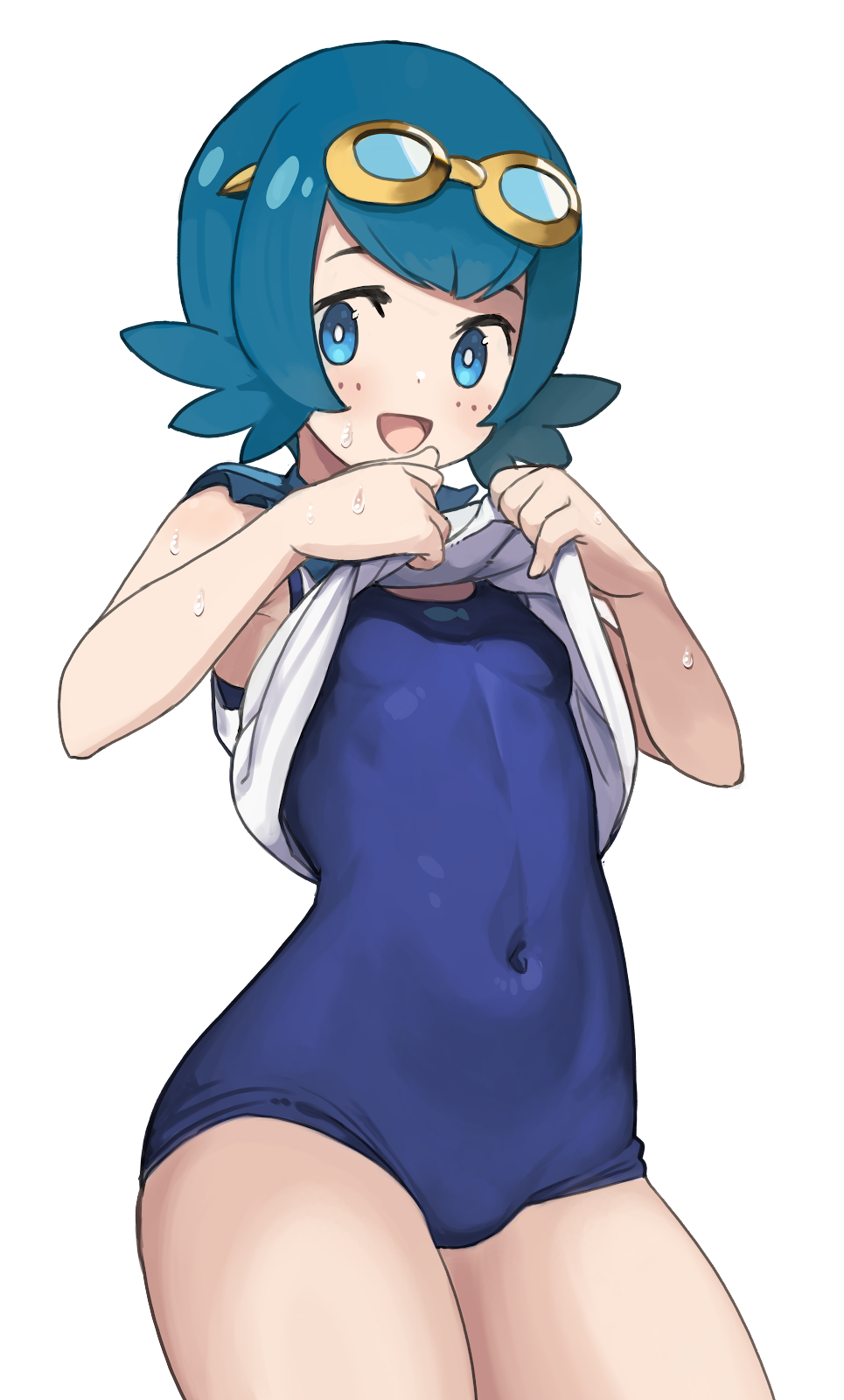 1girl :d blue_eyes blue_hair blush breasts bright_pupils clothes_lift commentary_request covered_navel cowboy_shot goggles goggles_on_head highres itolife lana_(pokemon) looking_at_viewer medium_bangs one-piece_swimsuit open_mouth pokemon pokemon_(game) pokemon_sm shirt shirt_lift short_hair simple_background sleeveless sleeveless_shirt small_breasts smile solo sweat swimsuit swimsuit_under_clothes transparent_background white_pupils white_shirt