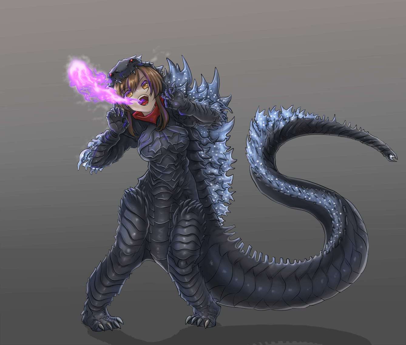 arm_spikes asuka_(senran_kagura) back_spines brown_eyes brown_hair clothing colored_fire cosplay costume crossover crossover_cosplay dinosaur female fire gene_nsfw godzilla godzilla_(series) grey_body grey_scales hair halloween holidays human kaiju long_tail mammal monster not_furry open_mouth purple_fire red_eyes reptile scales scalie scarf senran_kagura smile solo spikes spikes_(anatomy) spines story story_in_description tail tail_mouth teeth toho tongue unusual_anatomy unusual_tail
