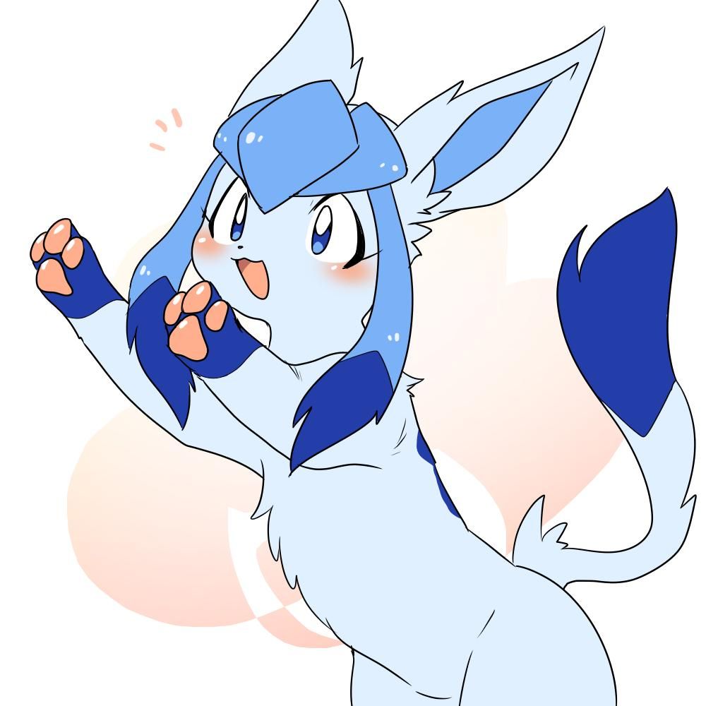 ambiguous_gender blush chiyosuke_masin eeveelution generation_4_pokemon glaceon nintendo open_mouth pawpads paws pokemon pokemon_(species) raised_arms simple_background solo standing