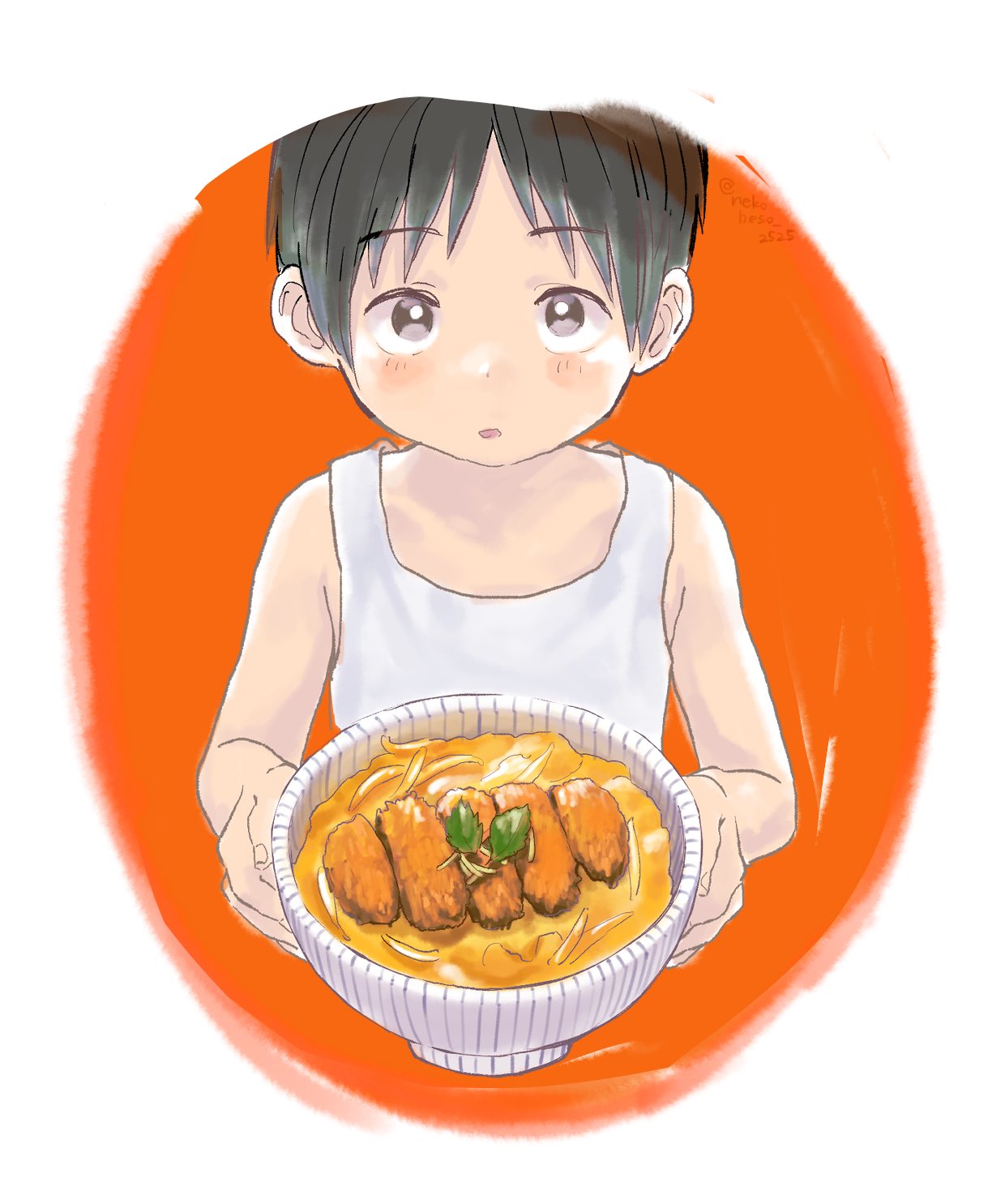 1boy black_hair blush bowl child commentary_request food highres holding holding_bowl holding_food incoming_food looking_at_viewer male_child male_focus nekoheso_2525 open_mouth original sketch solo tank_top upper_body white_background white_tank_top