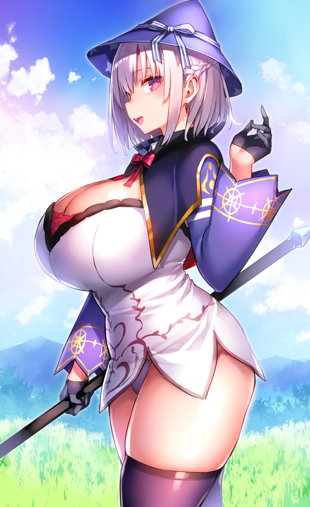 1girl black_gloves black_thighhighs blue_sky blush bow braid breasts cleavage cloud commentary_request dress gloves hat highres holding holding_staff huge_breasts long_sleeves looking_at_viewer mage_staff mountainous_horizon open_mouth original outdoors panties pantyshot purple_headwear red_bow short_hair sky smile solo staff standing teeth thighhighs thighs tsukumiya_amane underwear upper_teeth_only white_dress white_hair white_panties wizard wizard_hat