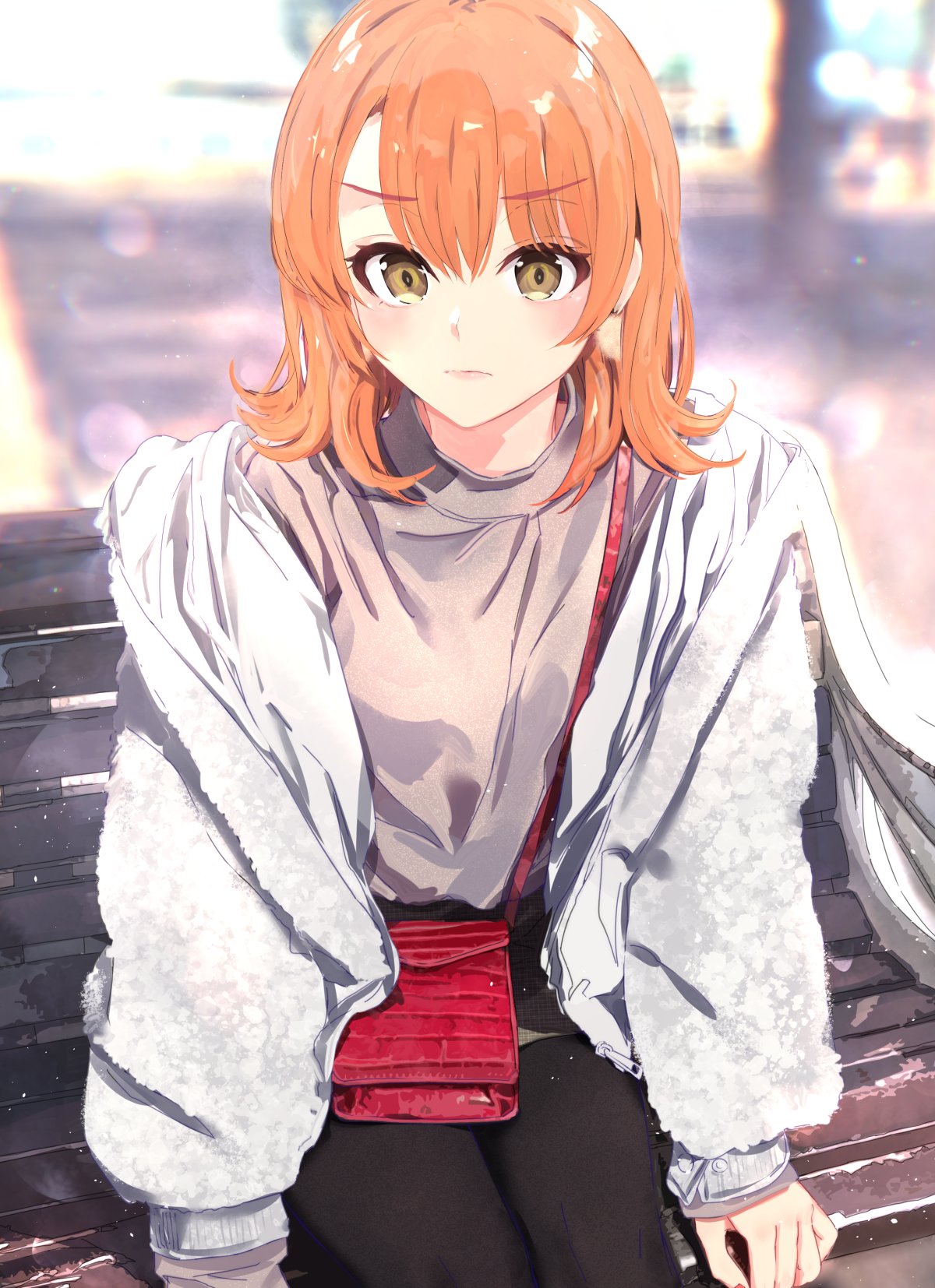 1girl bag bench black_thighhighs blurry commentary crossed_bangs depth_of_field earrings frown grey_sweater hair_between_eyes handbag highres isshiki_iroha jacket jewelry lips looking_at_viewer medium_hair orange_hair park_bench plaid plaid_shorts pom_pom_(clothes) pom_pom_earrings ponkan_8 red_bag shorts sidelocks sitting sleeves_past_wrists solo sweater thighhighs white_jacket yahari_ore_no_seishun_lovecome_wa_machigatteiru. yellow_eyes