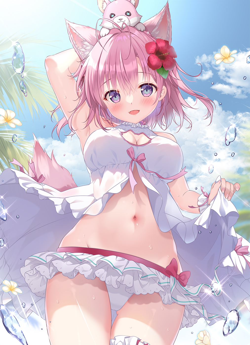 1girl :d animal_ears antenna_hair bikini bow breasts cleavage collarbone eyelashes fang flower frilled_bikini frills front-tie_bikini_top front-tie_top hair_between_eyes hair_bun hair_flower hair_ornament hair_ribbon hakui_koyori hibiscus highres hololive large_breasts looking_at_viewer mikeou nail_polish navel palm_tree pink_bow pink_hair pink_nails pink_ribbon purple_eyes ribbon side_ponytail smile solo sparkle_print stomach sunlight swimsuit tail thighs towel tree virtual_youtuber water white_armband white_bikini wolf_ears wolf_girl wolf_tail