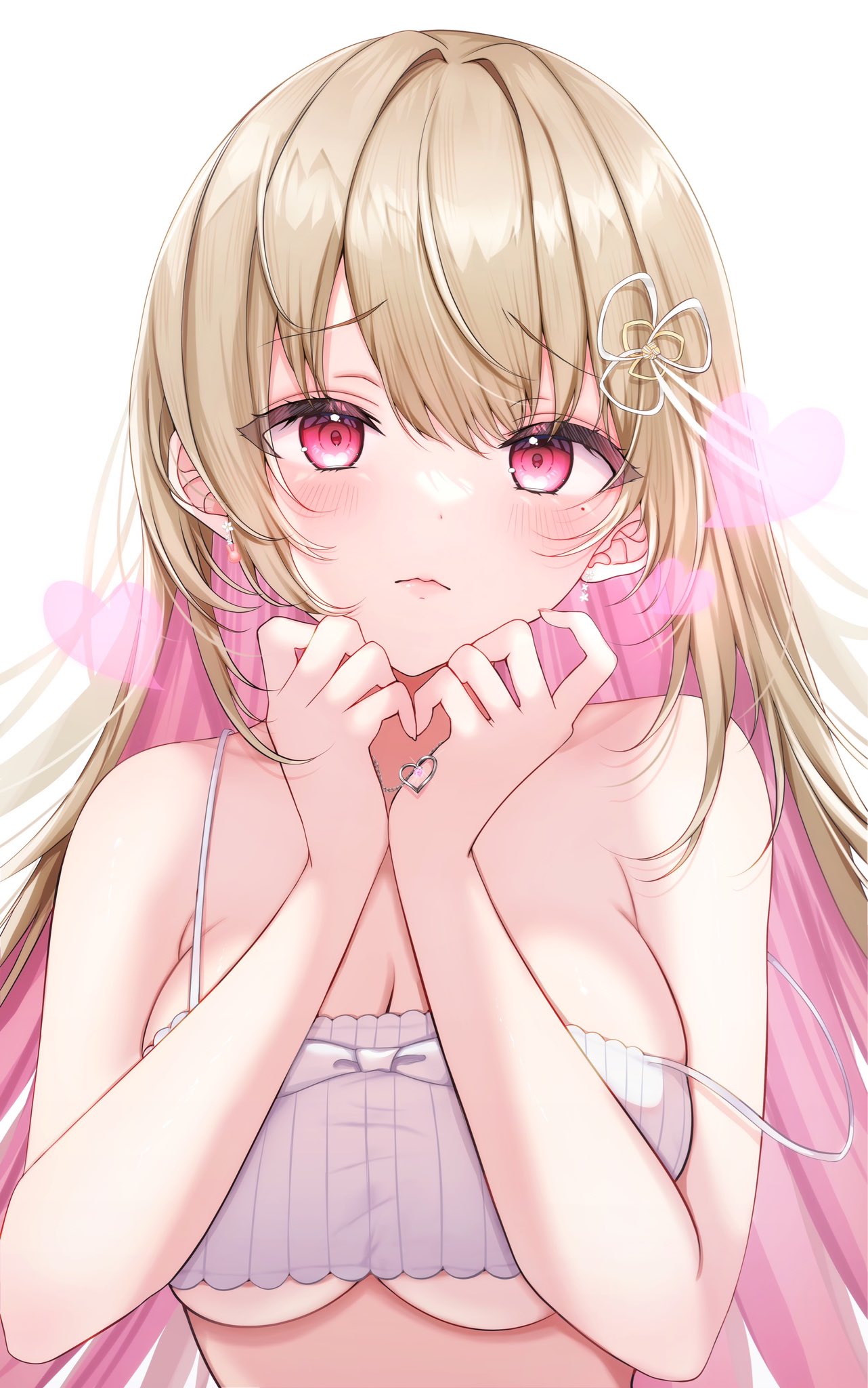 1girl ayaginu_temari bare_arms bare_shoulders breasts brown_hair camisole cleavage closed_mouth colored_inner_hair crop_top embarrassed flower_knot hair_ribbon hands_up heart highres isekai_tensei_shite_v_ni_narimashita large_breasts long_hair looking_at_viewer mole mole_under_eye multicolored_hair pink_hair red_eyes ribbed_shirt ribbon shirt simple_background sleeveless sleeveless_shirt solo spaghetti_strap strap_slip underboob upper_body virtual_youtuber white_background white_shirt yu_lei