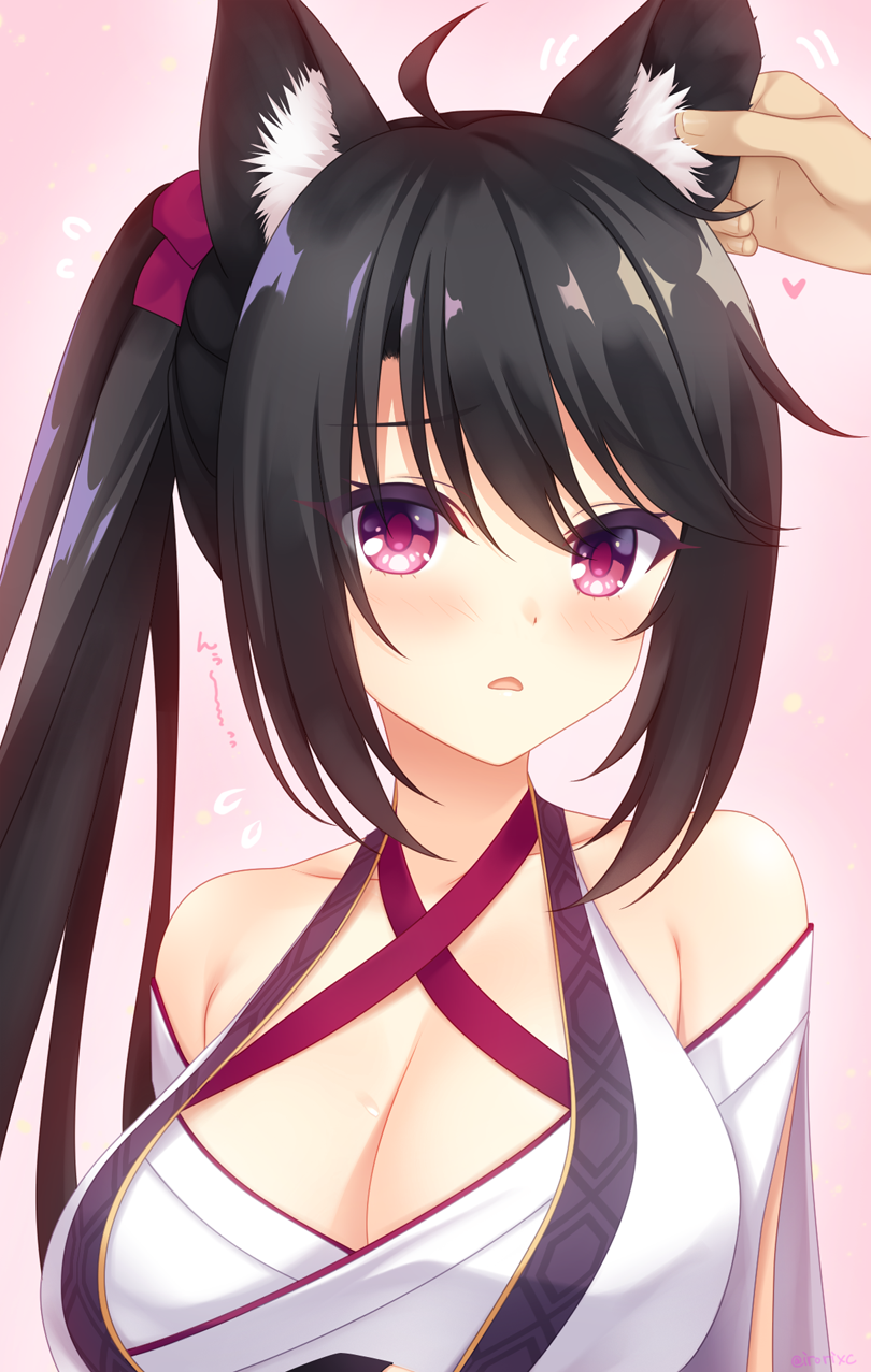 1girl 1other ahoge animal_ear_fluff animal_ears bare_shoulders black_hair blush breasts cleavage commentary_request criss-cross_halter eyelashes flying_sweatdrops frown grabbing_another's_ear hair_between_eyes halterneck hand_on_another's_ear highres hoshikawa_kaguya irori_(irorixc) japanese_clothes kimono large_breasts long_hair looking_to_the_side motion_lines open_mouth paid_reward_available pink_background ponytail red_eyes shy simple_background solo_focus sound_effects swept_bangs tenshi_souzou upper_body white_kimono