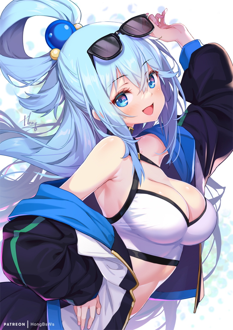 1girl :d alternate_costume aqua_(konosuba) arm_up armpits bare_shoulders black-framed_eyewear black_choker black_jacket blue_eyes blue_hair breasts choker cleavage criss-cross_halter crop_top eyewear_on_head floating_hair hair_ornament hair_rings halterneck hand_on_hip hong_(white_spider) jacket kono_subarashii_sekai_ni_shukufuku_wo! large_breasts long_hair long_sleeves looking_at_viewer midriff multicolored_clothes multicolored_jacket off_shoulder open_clothes open_jacket open_mouth shirt sidelocks sleeveless sleeveless_shirt smile solo sunglasses two-tone_jacket upper_body white_hair white_shirt