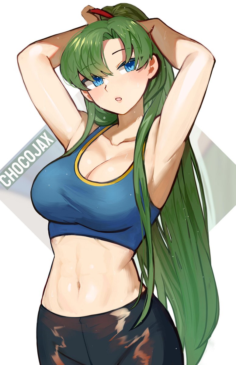 1girl alternate_costume armpits arms_up bare_arms bare_shoulders black_pants blue_eyes breasts chocojax cleavage commentary crop_top fire_emblem fire_emblem:_the_blazing_blade green_hair highres large_breasts long_hair lyn_(fire_emblem) midriff navel pants solo sports_bra stomach upper_body very_long_hair white_background