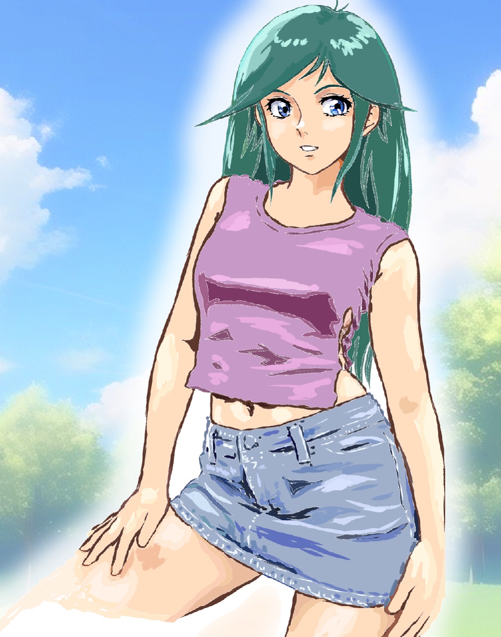 1girl aqua_hair blue_eyes blue_skirt blue_sky breasts choudenji_robo_combattler_v cloud day denim denim_skirt highres long_hair medium_breasts miniskirt mizumori_keiichi nanbara_chizuru navel outdoors purple_shirt shirt skirt sky sleeveless sleeveless_shirt solo