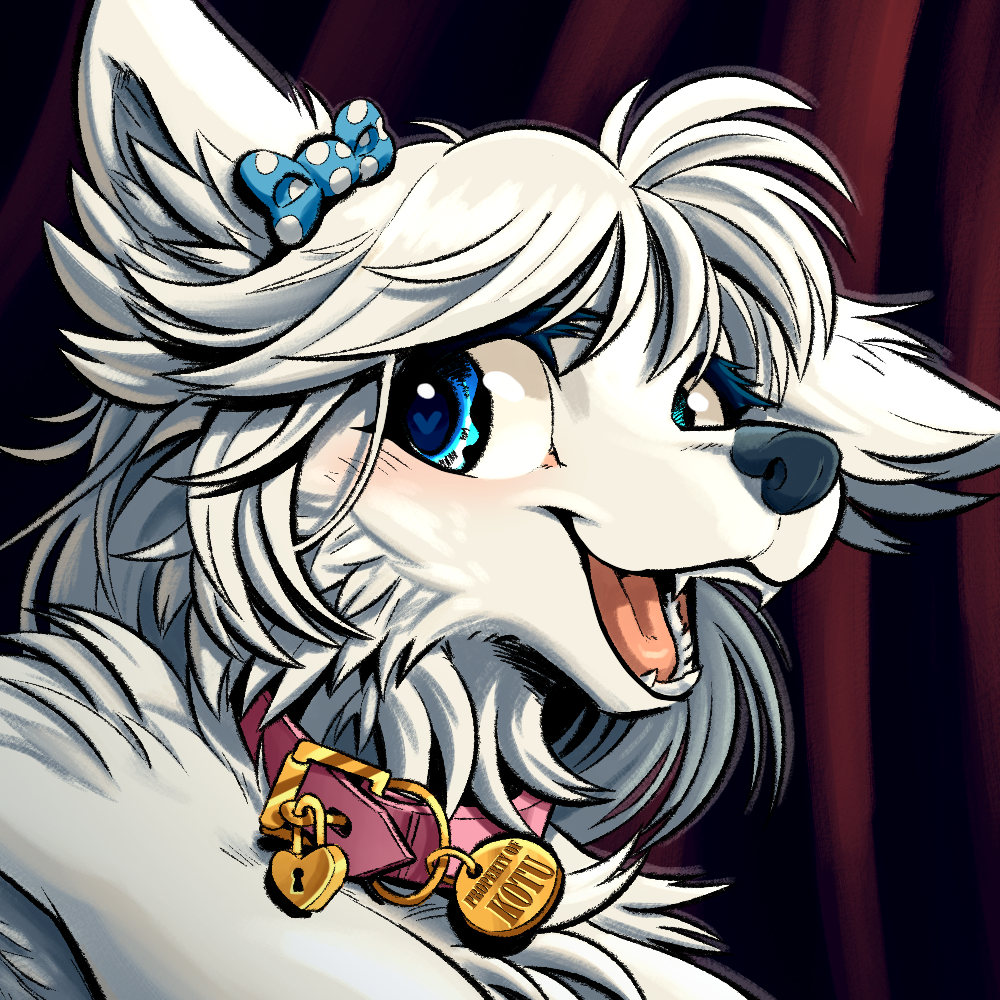 2023 anthro blue_eyes canid canine canis carpetwurm collar colored english_text female fur headshot_portrait mammal open_mouth open_smile portrait smile solo teeth text tongue white_body white_fur windy_(carpetwurm) wolf