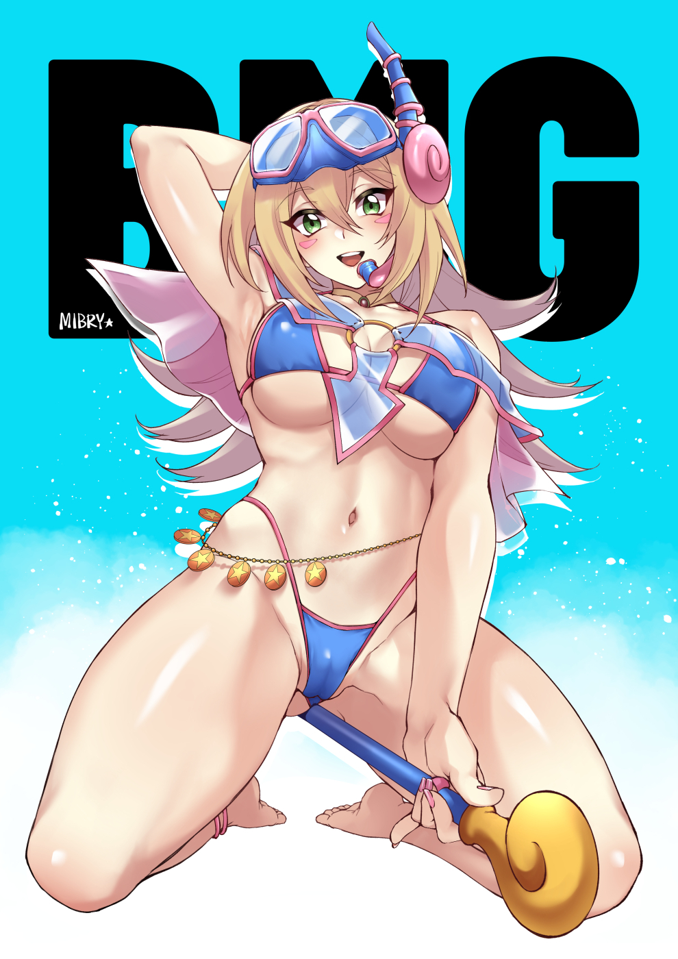 1girl adapted_costume bare_shoulders barefoot bikini blonde_hair blue_bikini blue_headwear blush blush_stickers breasts cleavage covered_nipples dark_magician_girl duel_monster feet green_eyes hair_between_eyes highres holding holding_wand kneeling large_breasts legs long_hair looking_at_viewer mibry_(phrysm) navel open_mouth smile solo staff stomach swimsuit thighs toes wand yu-gi-oh! yu-gi-oh!_duel_monsters