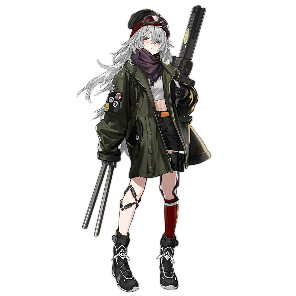 1girl assault_rifle beanie belt between_fingers black_footwear black_gloves black_headwear black_shorts blush_stickers boots brown_eyes coat colored_shoe_soles full_body g11_(autumn_nap_as_you_will_xi)_(girls'_frontline) g11_(girls'_frontline) girls'_frontline gloves goggles goggles_on_head green_coat grey_hair gun h&amp;k_g11 hat holding holding_magazine_(weapon) kneehighs long_hair looking_at_viewer magazine_(weapon) midriff navel nishiro_ryoujin official_alternate_costume official_art orange_belt purple_scarf red_socks rifle scarf shirt shorts simple_background single_kneehigh single_sock socks solo standing sticker sticker_on_arm thigh_pouch transparent_background very_long_hair weapon white_shirt