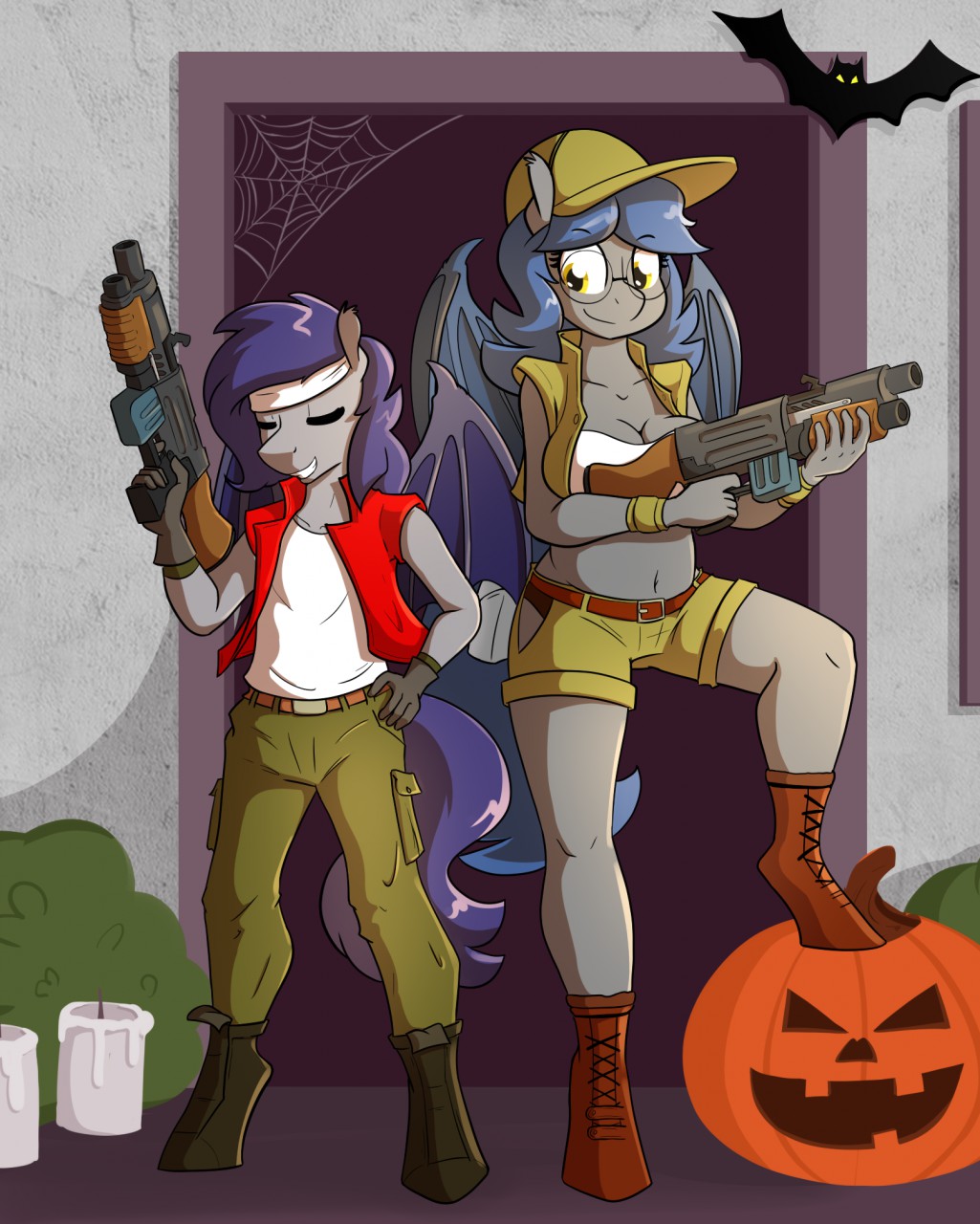 anthro bat_pony breasts brother_(lore) brother_and_sister_(lore) candle cleavage clothed clothing cosplay duo dusk_rhine equid eyes_closed eyewear fan_character female food fruit glasses gun halloween hasbro hi_res holidays jack-o'-lantern male mammal my_little_pony older_sister outside plant pumpkin racket_rhine ranged_weapon sibling_(lore) sister_(lore) size_difference smile weapon whatsapokemon younger_brother