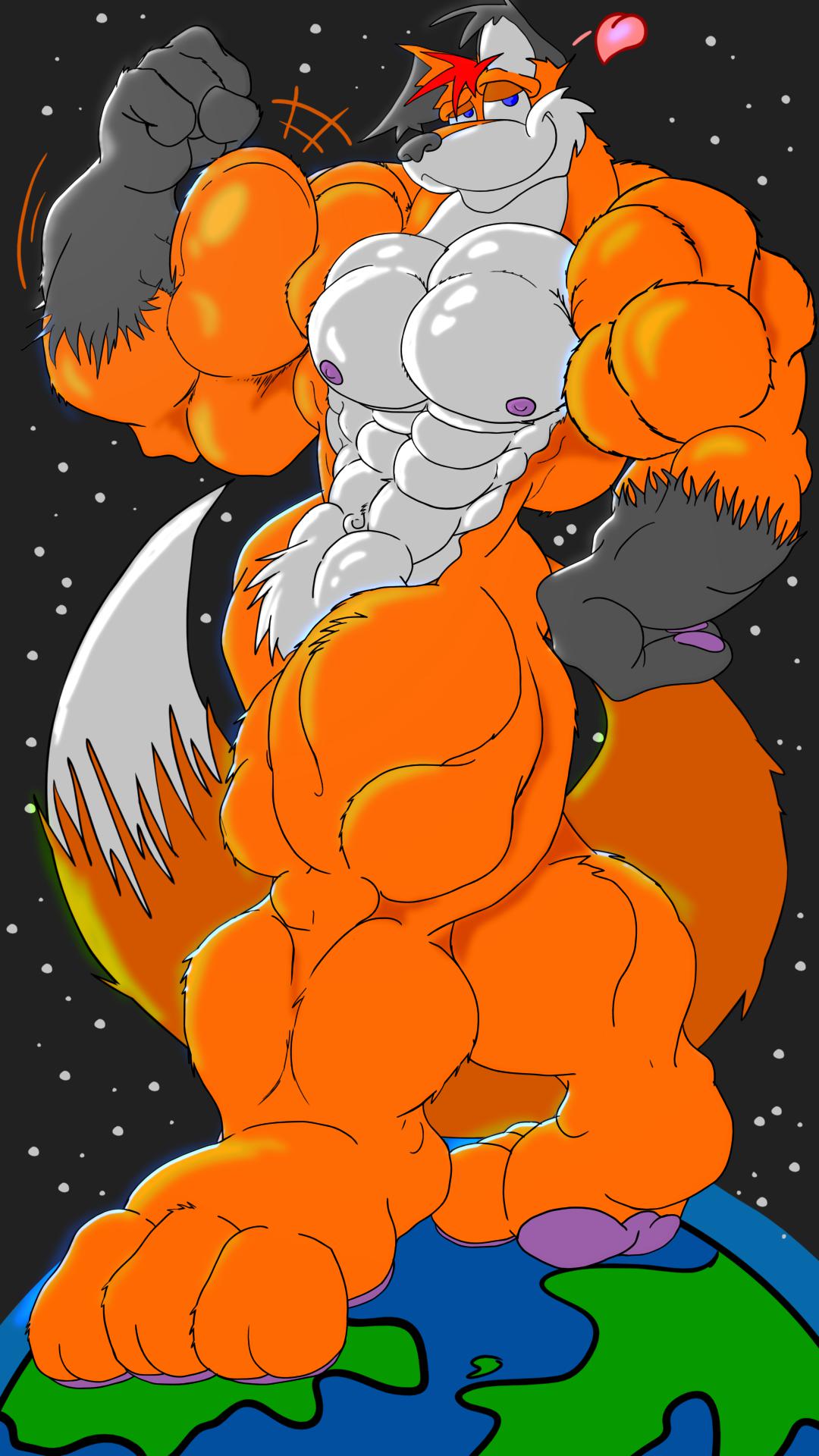 &lt;3 3_toes anthro big_muscles black_hands canid canine claws dipstick_ears dipstick_tail feet flexing_bicep fox fur gloves_(marking) hi_res huge_abs huge_biceps huge_muscles huge_pecs huge_quads huge_triceps kit_(macrokit) macro macrokit male mammal markings multicolored_ears muscular muscular_anthro muscular_calves muscular_male navel nipples orange_body orange_fur pawpads pink_pawpads planet_dwarfing pose red_fox solo space standing star tail tail_markings terra_macro toe_claws toes white_torso